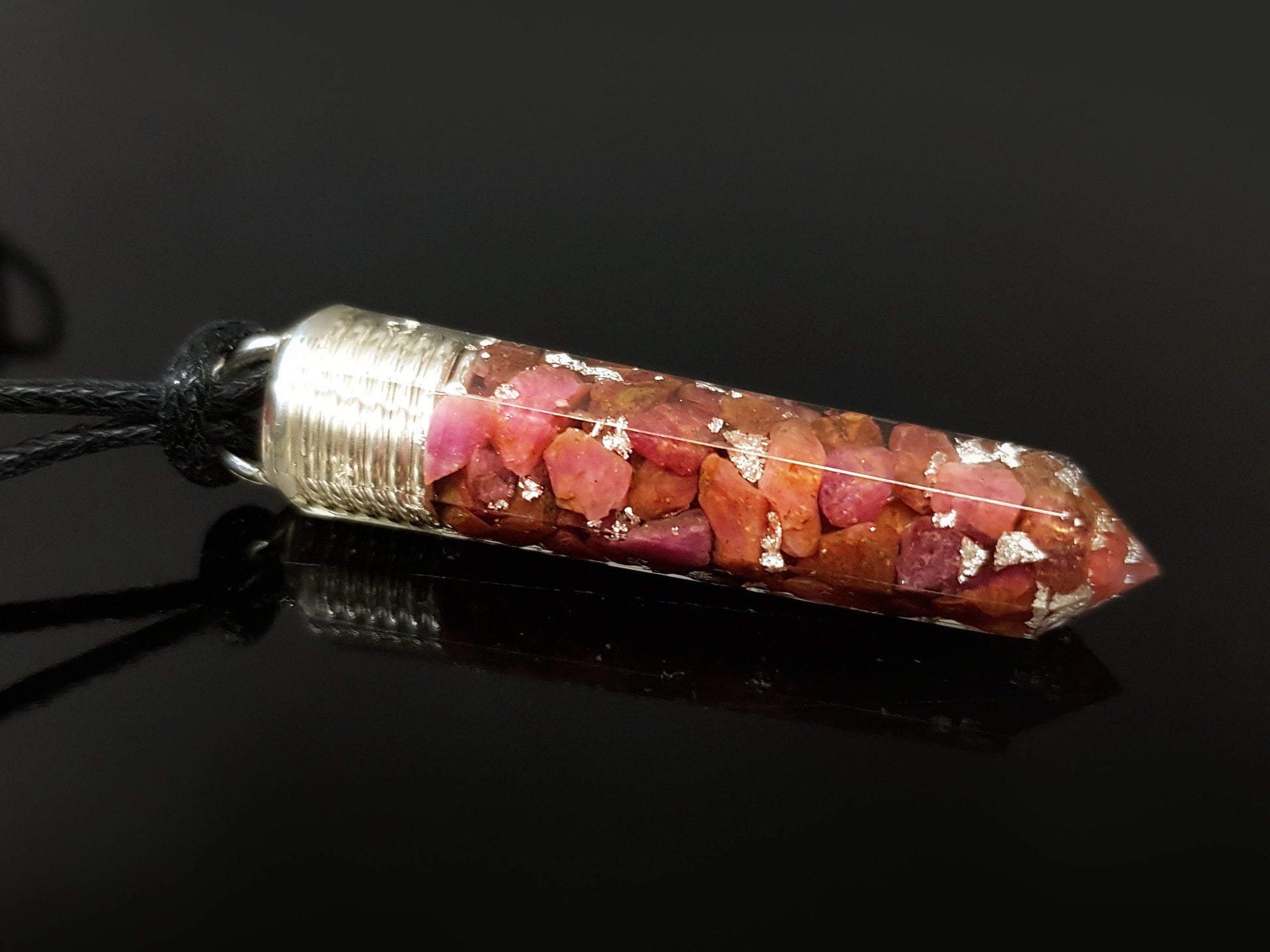 Powerful Orgone Orgonite Pendant - Reiki Pendant natural Ruby and silver Necklace - Crystal healing Amulet