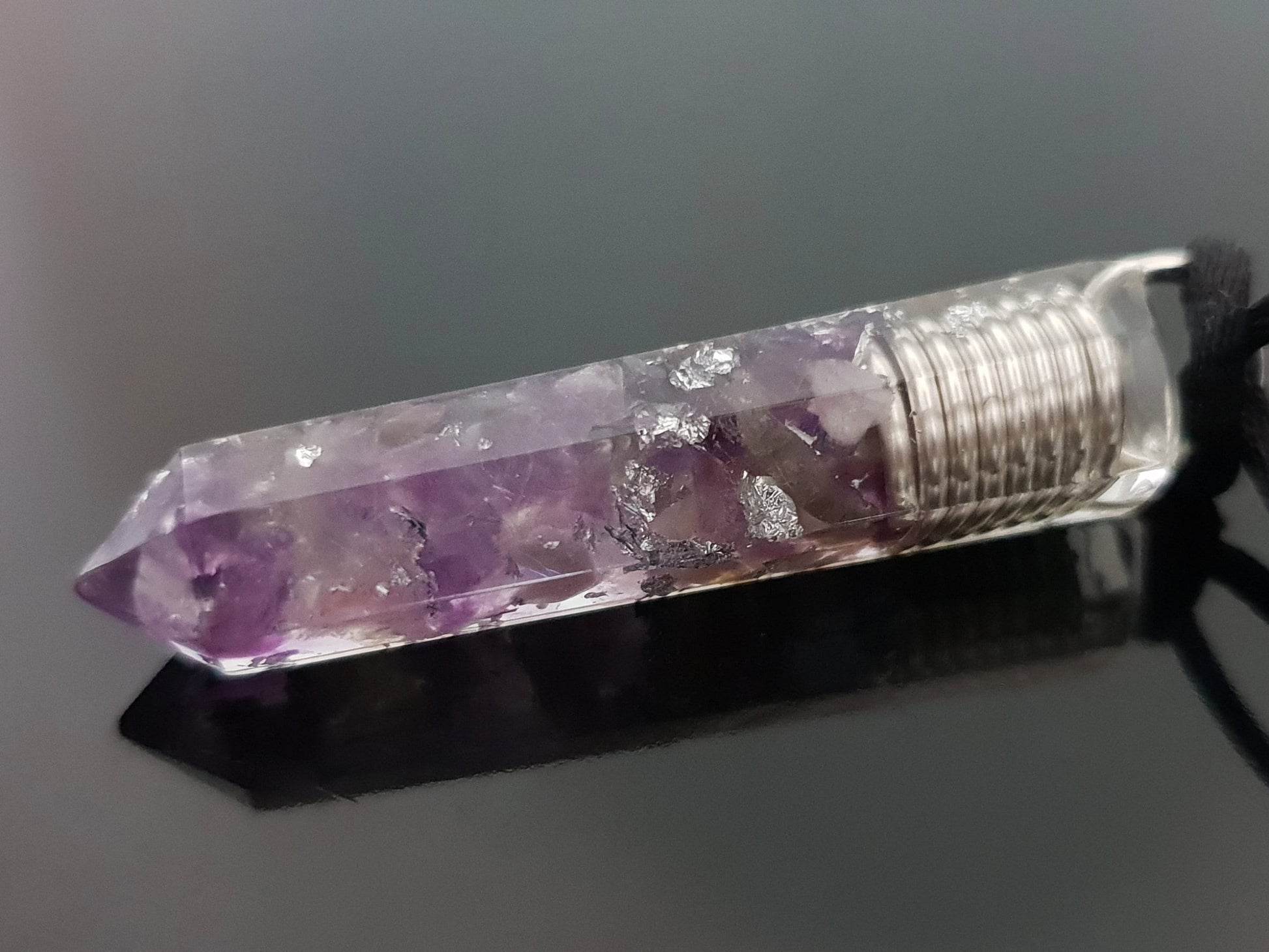 Orgonite orgone pendant necklace. Amethyst and silver amulet, charm. Crystal Reiki chakra necklace.