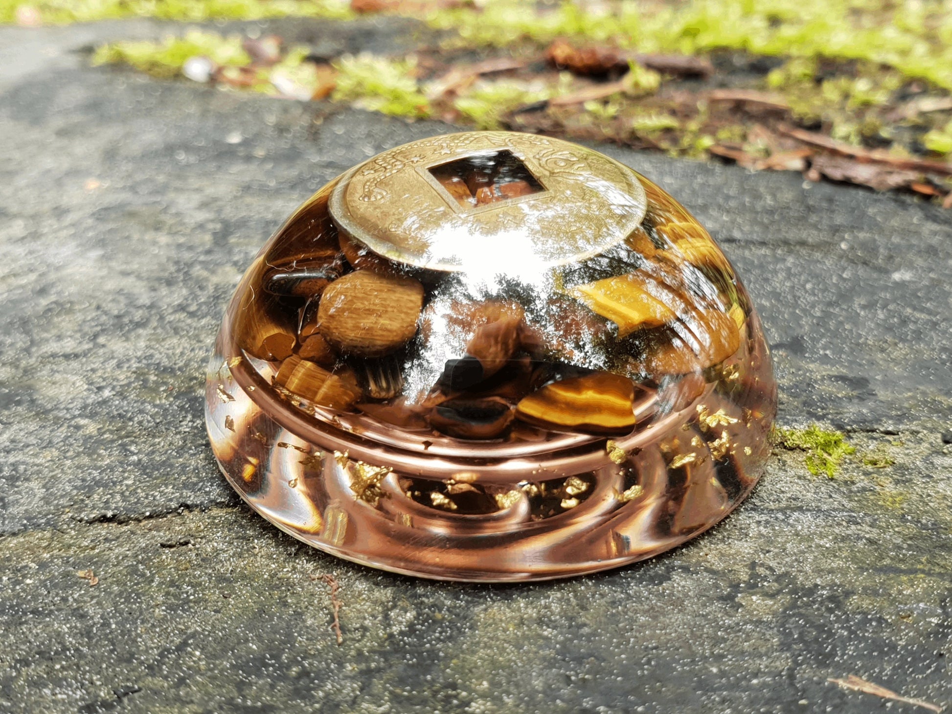 Pocket orgonite hemisphere dome, Tiger's eye orgone, Wealth, money, protection, Reiki, Alchemy, Magic amulet