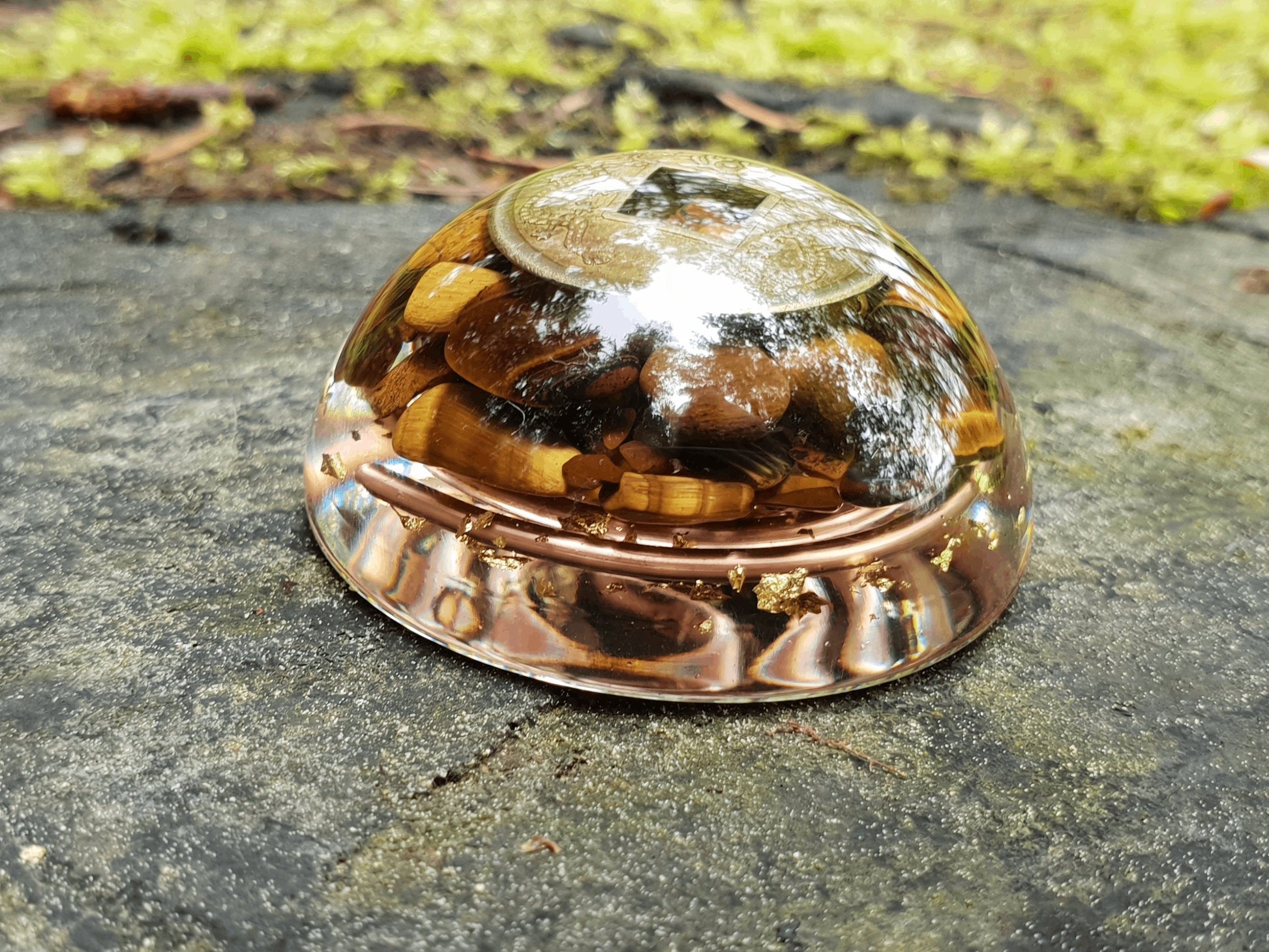 Pocket orgonite hemisphere dome, Tiger's eye orgone, Wealth, money, protection, Reiki, Alchemy, Magic amulet