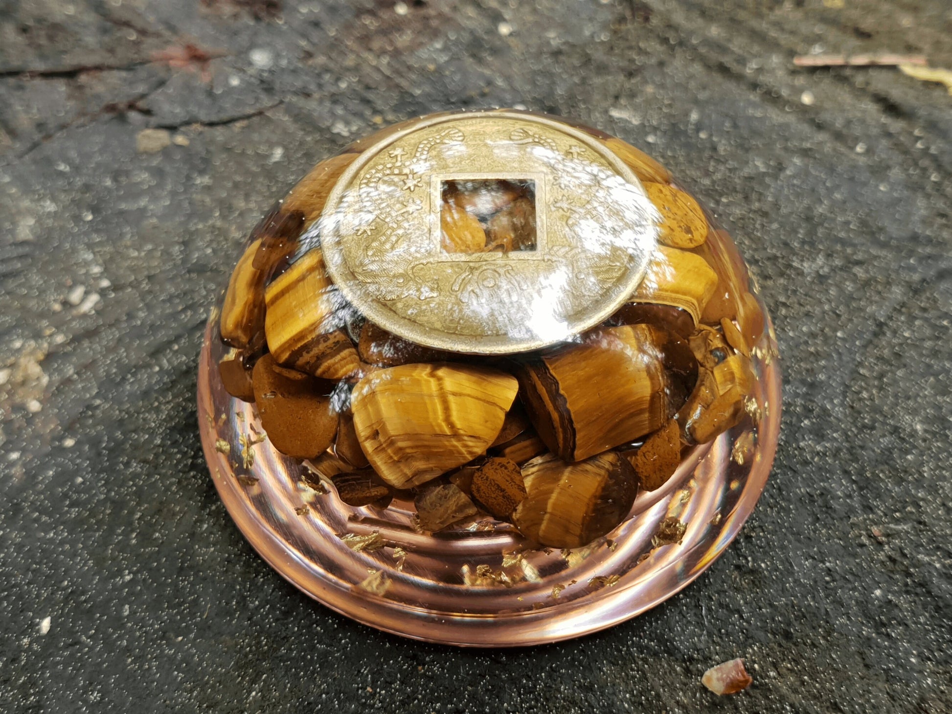 Pocket orgonite hemisphere dome, Tiger's eye orgone, Wealth, money, protection, Reiki, Alchemy, Magic amulet