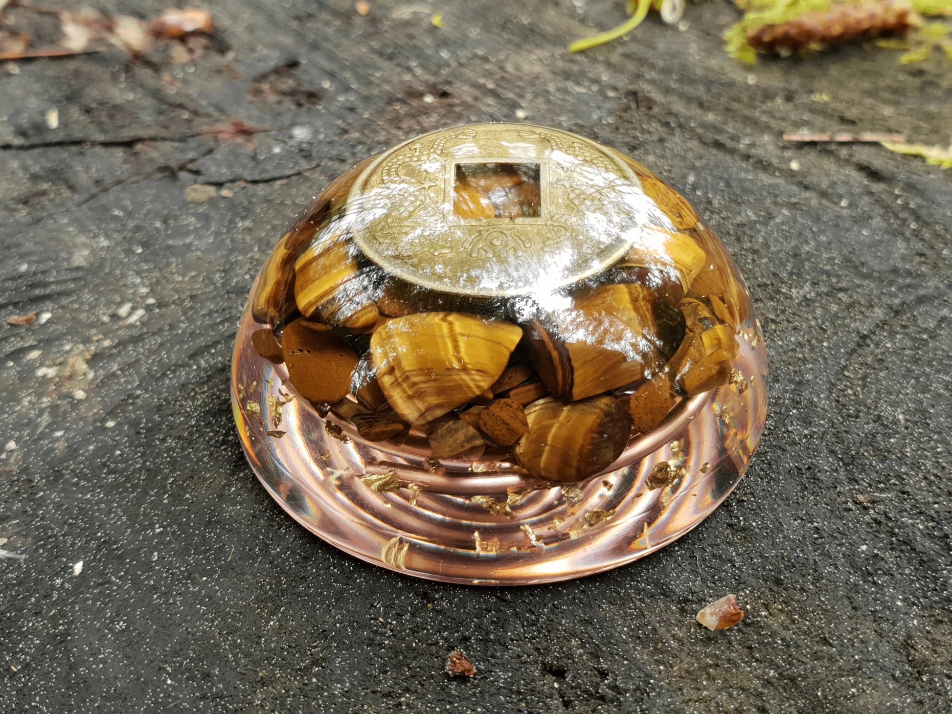 Pocket orgonite hemisphere dome, Tiger's eye orgone, Wealth, money, protection, Reiki, Alchemy, Magic amulet