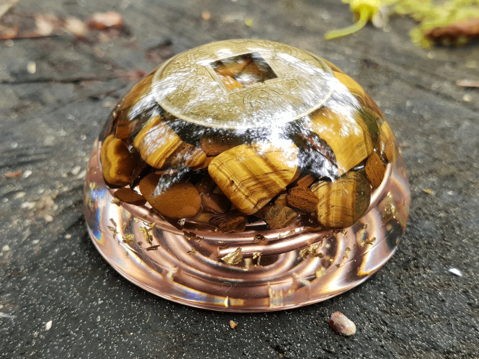 Pocket orgonite hemisphere dome, Tiger's eye orgone, Wealth, money, protection, Reiki, Alchemy, Magic amulet