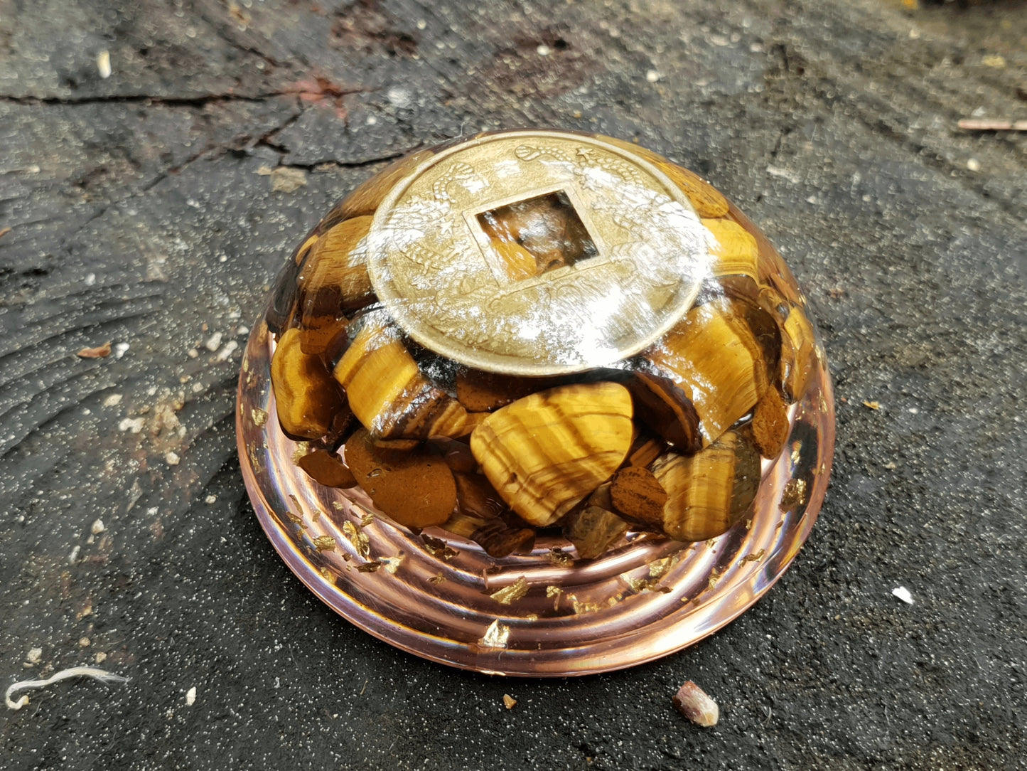 Pocket orgonite hemisphere dome, Tiger's eye orgone, Wealth, money, protection, Reiki, Alchemy, Magic amulet