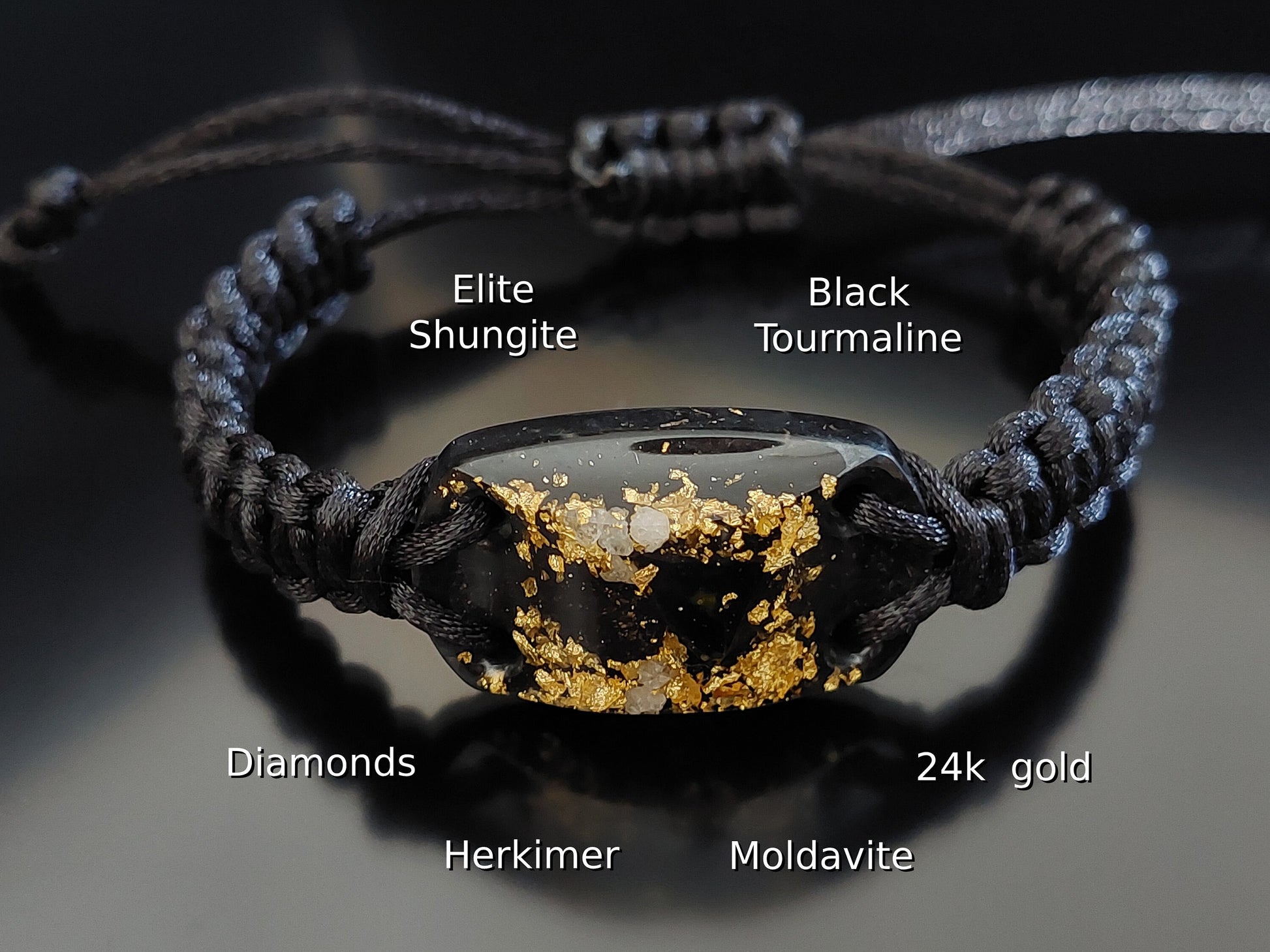 Orgonite bracelet - Moldavite, Herkimer, black Tourmaline, Elite Shungite, 24k gold, brass