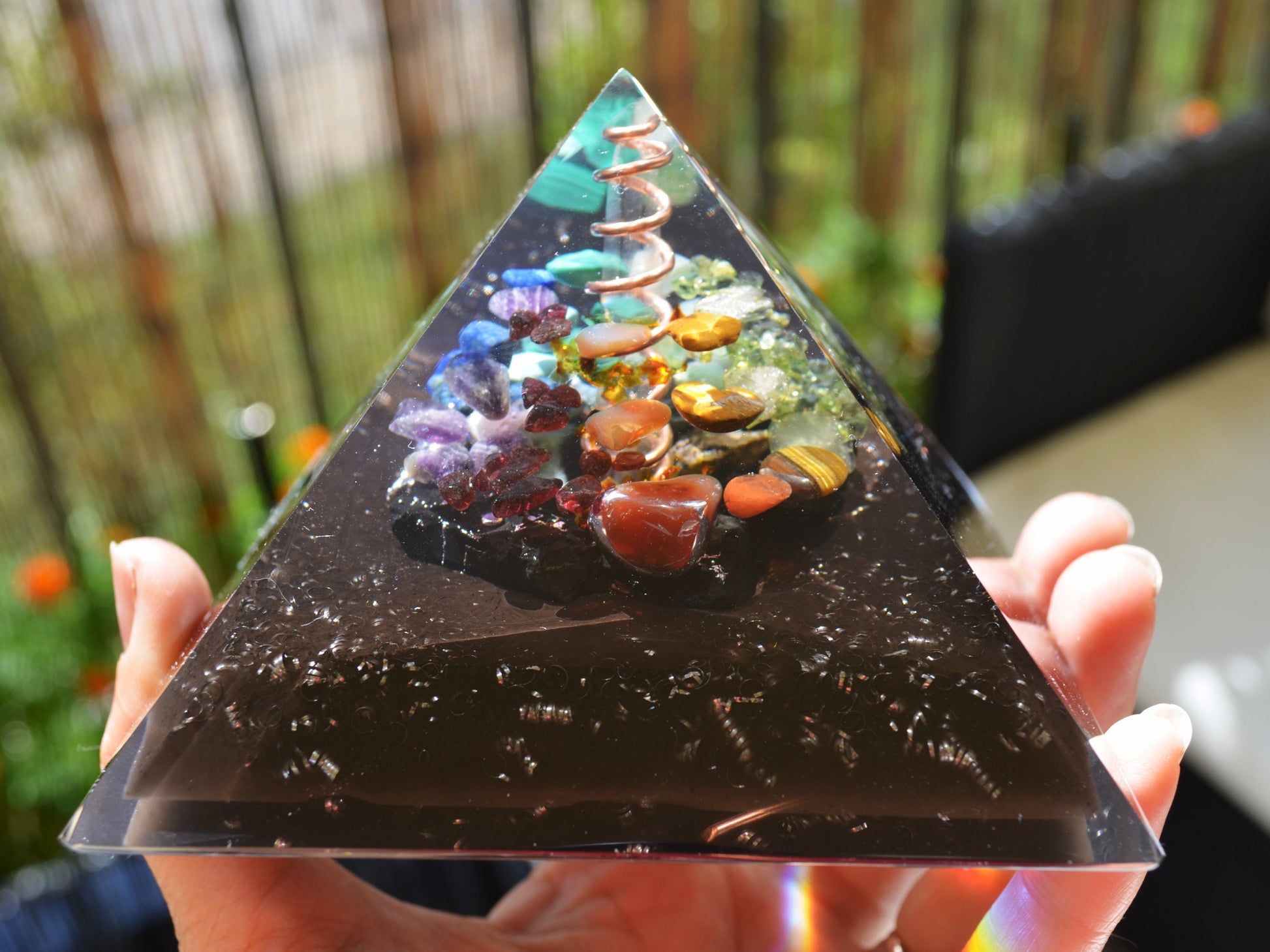 Orgone Orgonite Pyramid, Prosperity and Protection, 7 chakra, Wealth, Money, Reiki healing, rainbow crystals