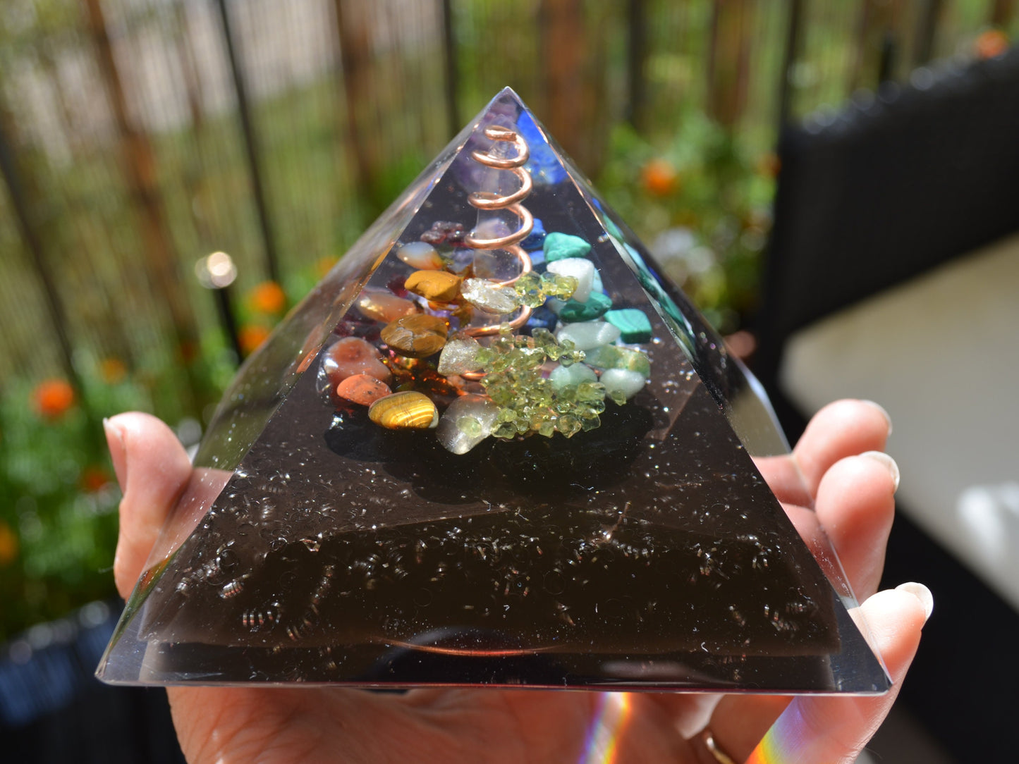 Orgone Orgonite Pyramid, Prosperity and Protection, 7 chakra, Wealth, Money, Reiki healing, rainbow crystals