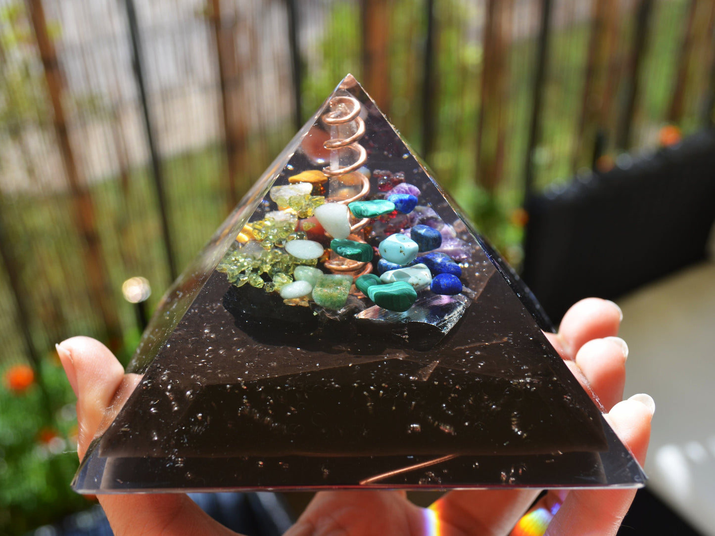 Orgone Orgonite Pyramid, Prosperity and Protection, 7 chakra, Wealth, Money, Reiki healing, rainbow crystals