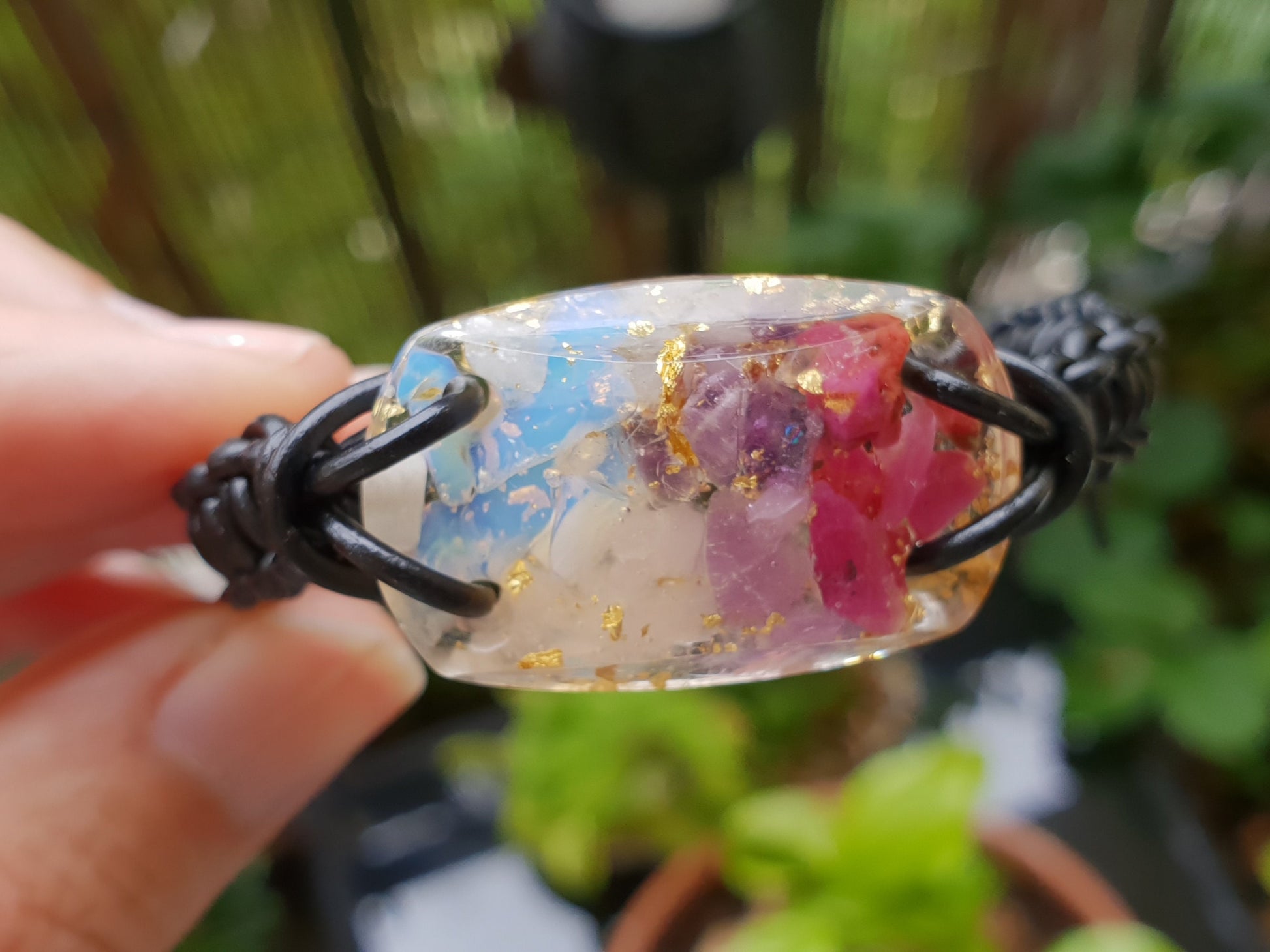 Orgonite Orgone bracelet, Ruby, Amethyst, Rose quartz, moonstone, 24k gold, Reiki amulet, love, passion, harmony