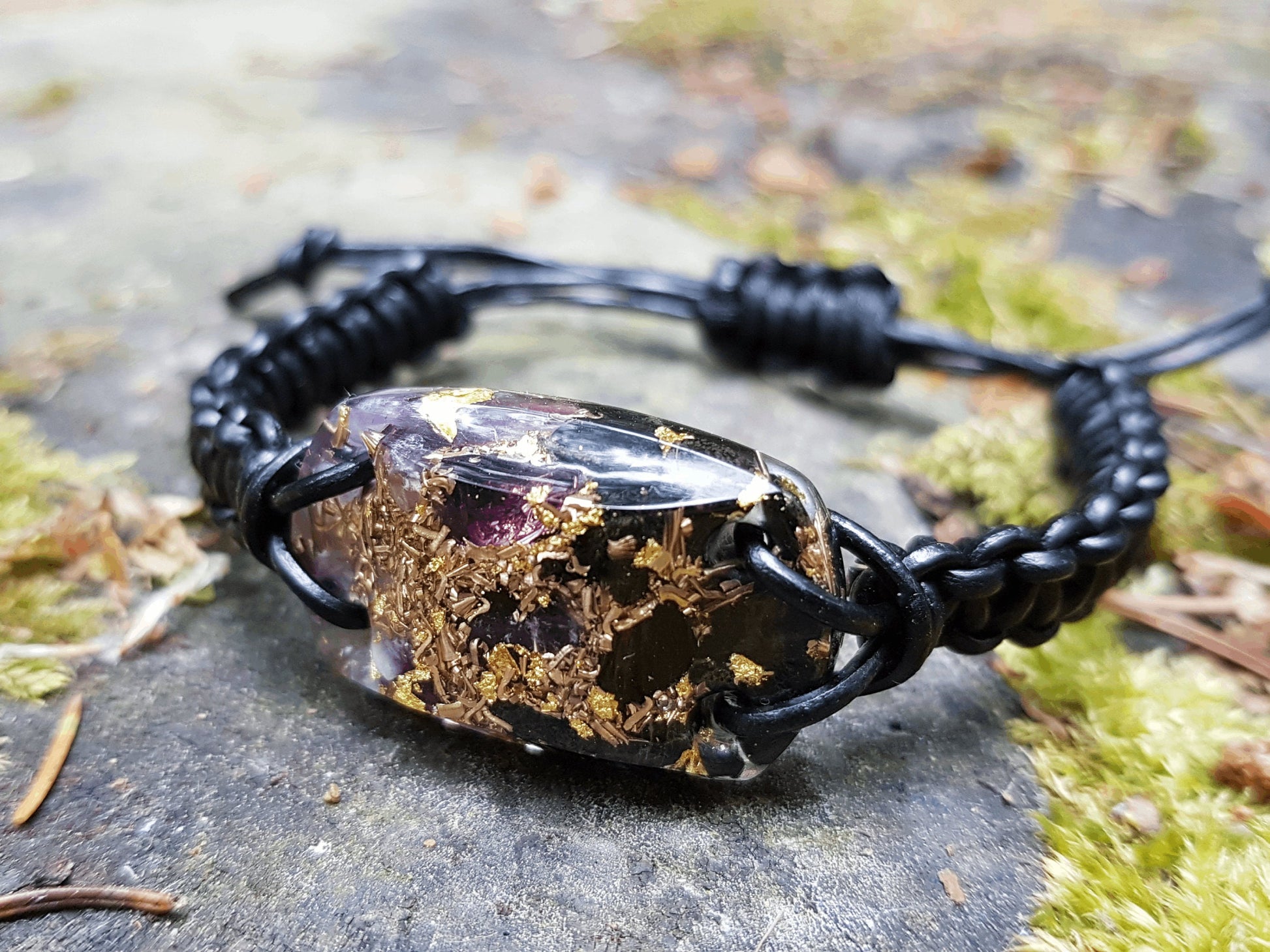 Orgonite orgone bracelet, Black Tourmaline, amethyst, brass, 24k gold, 5G, EMF protection