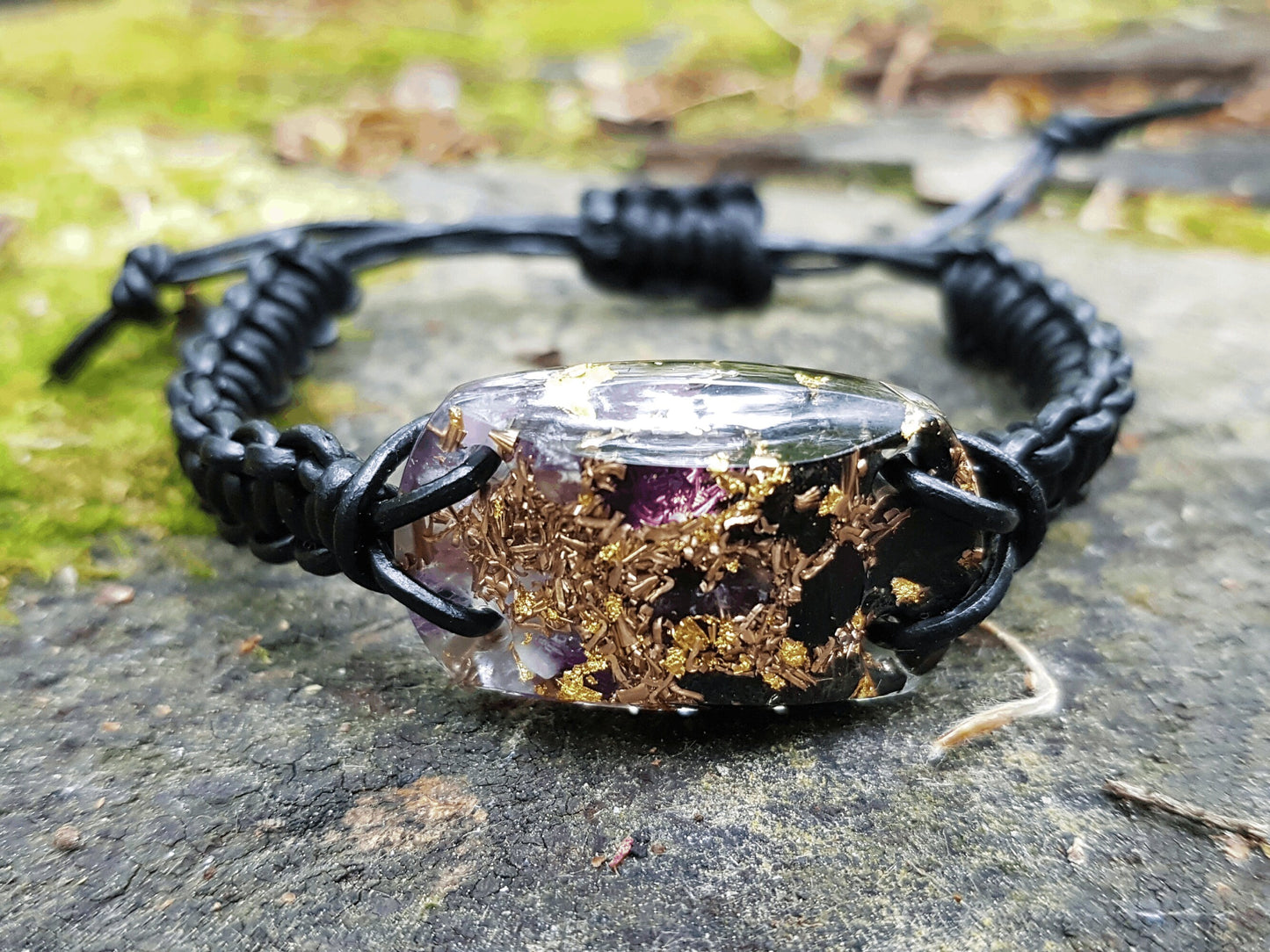 Orgonite orgone bracelet, Black Tourmaline, amethyst, brass, 24k gold, reiki crystal energy healing, EMF protection