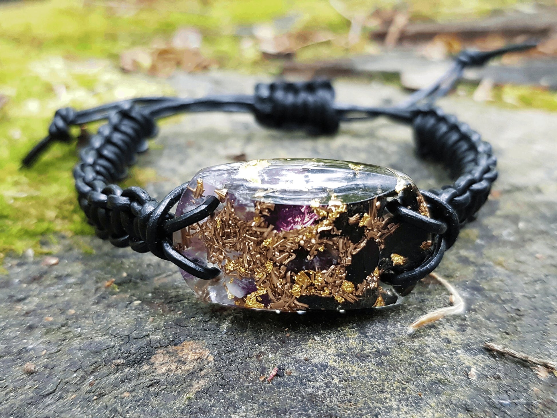 Orgonite orgone bracelet, Black Tourmaline, amethyst, brass, 24k gold, reiki crystal energy healing, EMF protection