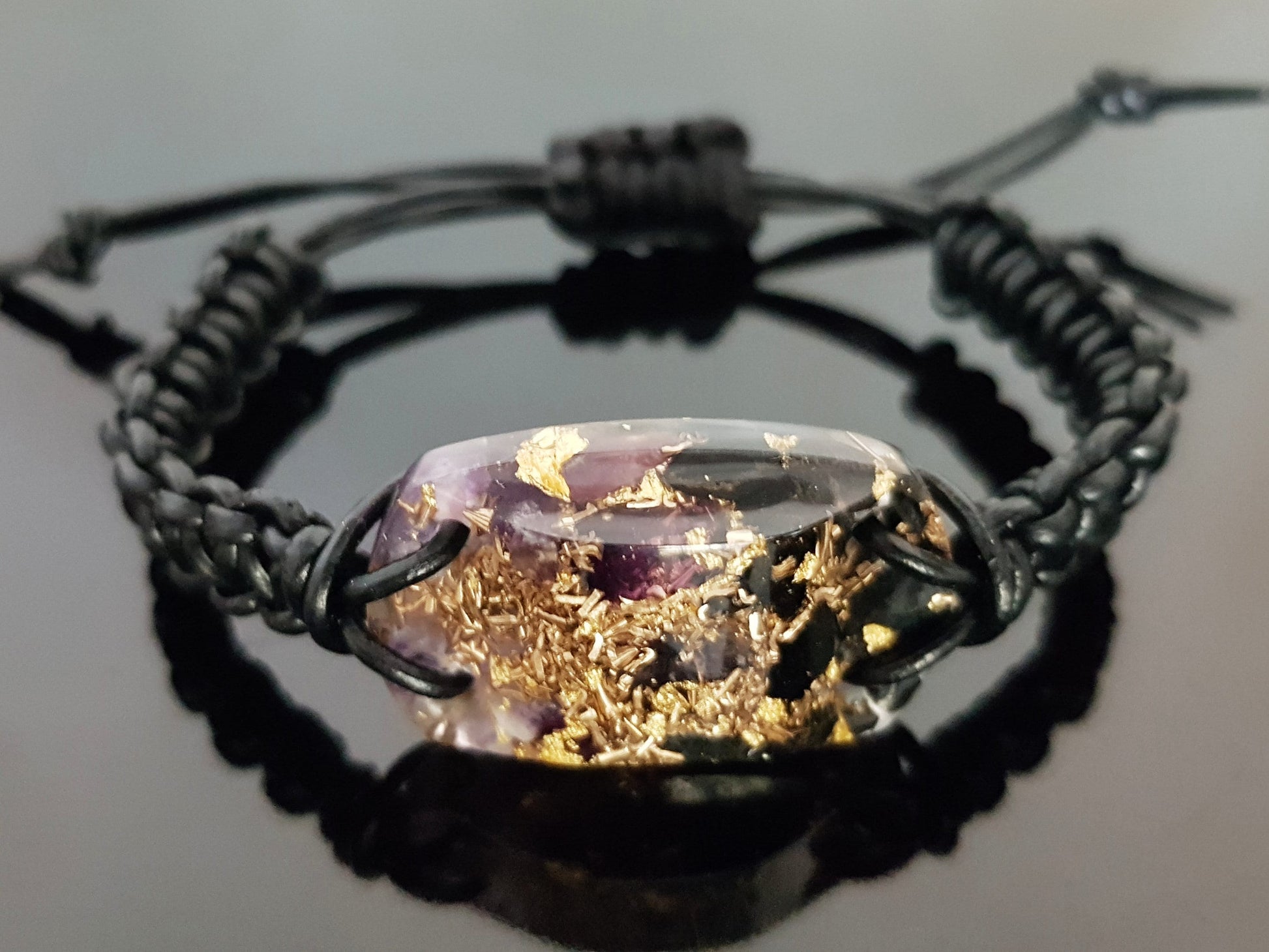 Orgonite orgone bracelet, Black Tourmaline, amethyst, brass, 24k gold, reiki crystal energy healing, EMF protection