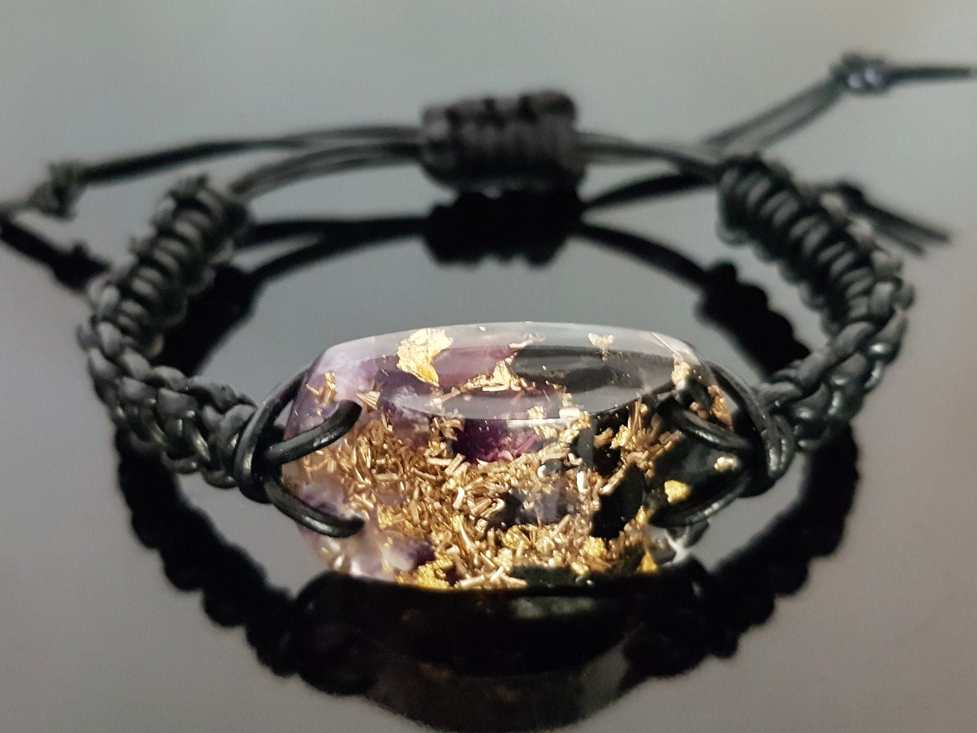 Orgonite orgone bracelet, Black Tourmaline, amethyst, brass, 24k gold, 5G, EMF protection