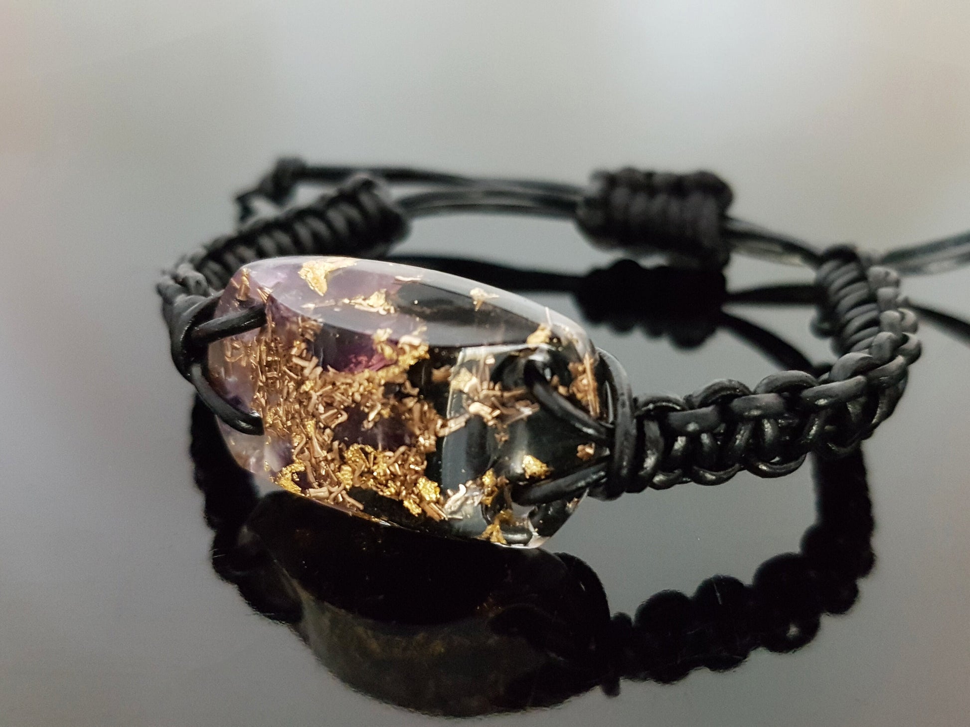 Orgonite orgone bracelet, Black Tourmaline, amethyst, brass, 24k gold, reiki crystal energy healing, EMF protection