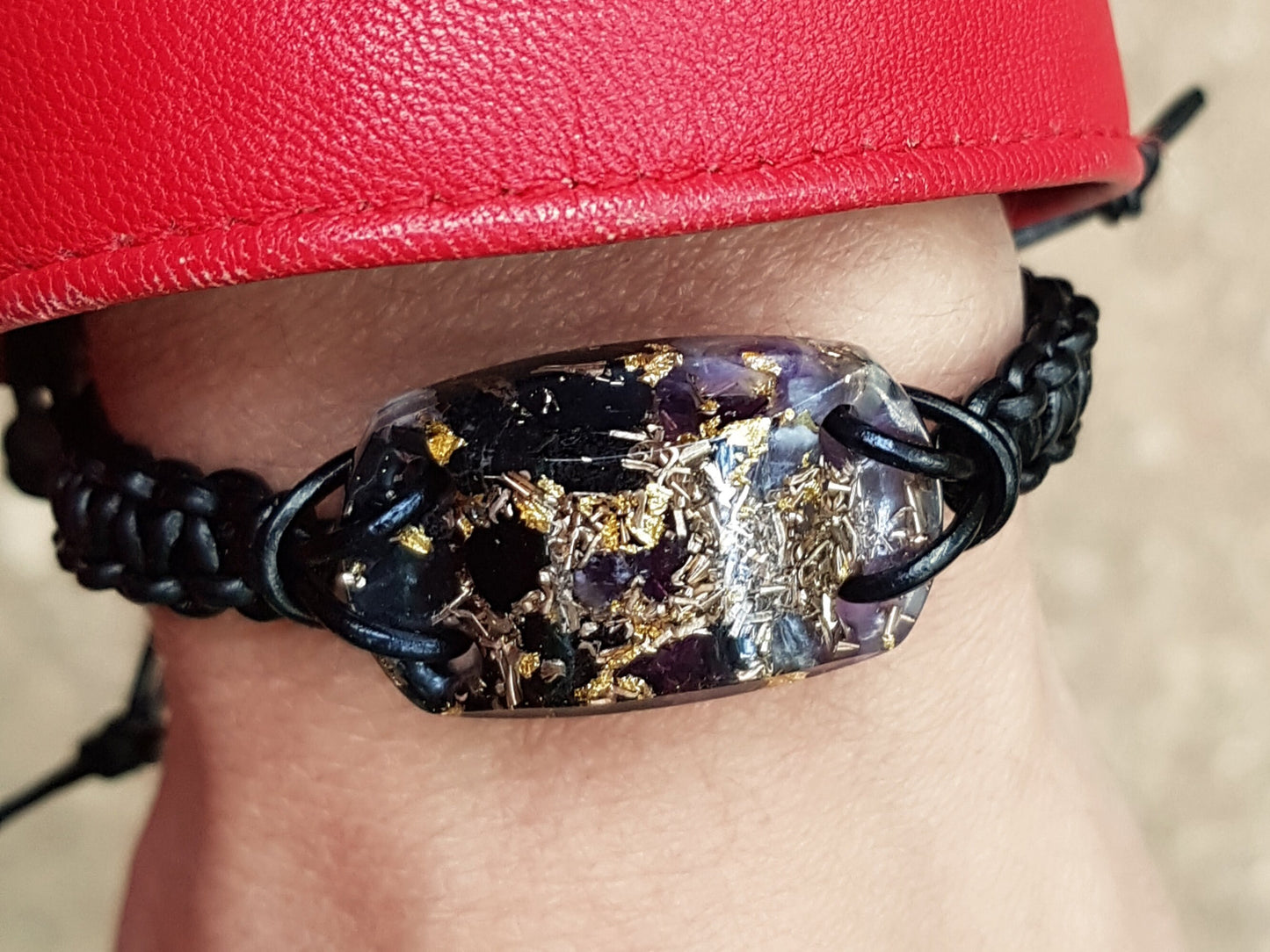 Orgonite orgone bracelet, Black Tourmaline, amethyst, brass, 24k gold, reiki crystal energy healing, EMF protection