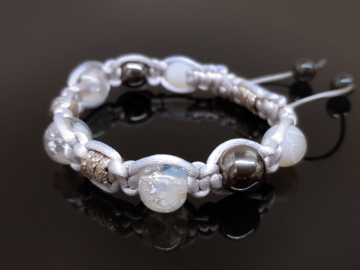 Adjustable beaded Shamballa bracelet, moonstone and silver orgonite orgone beads, magic amulet, charm