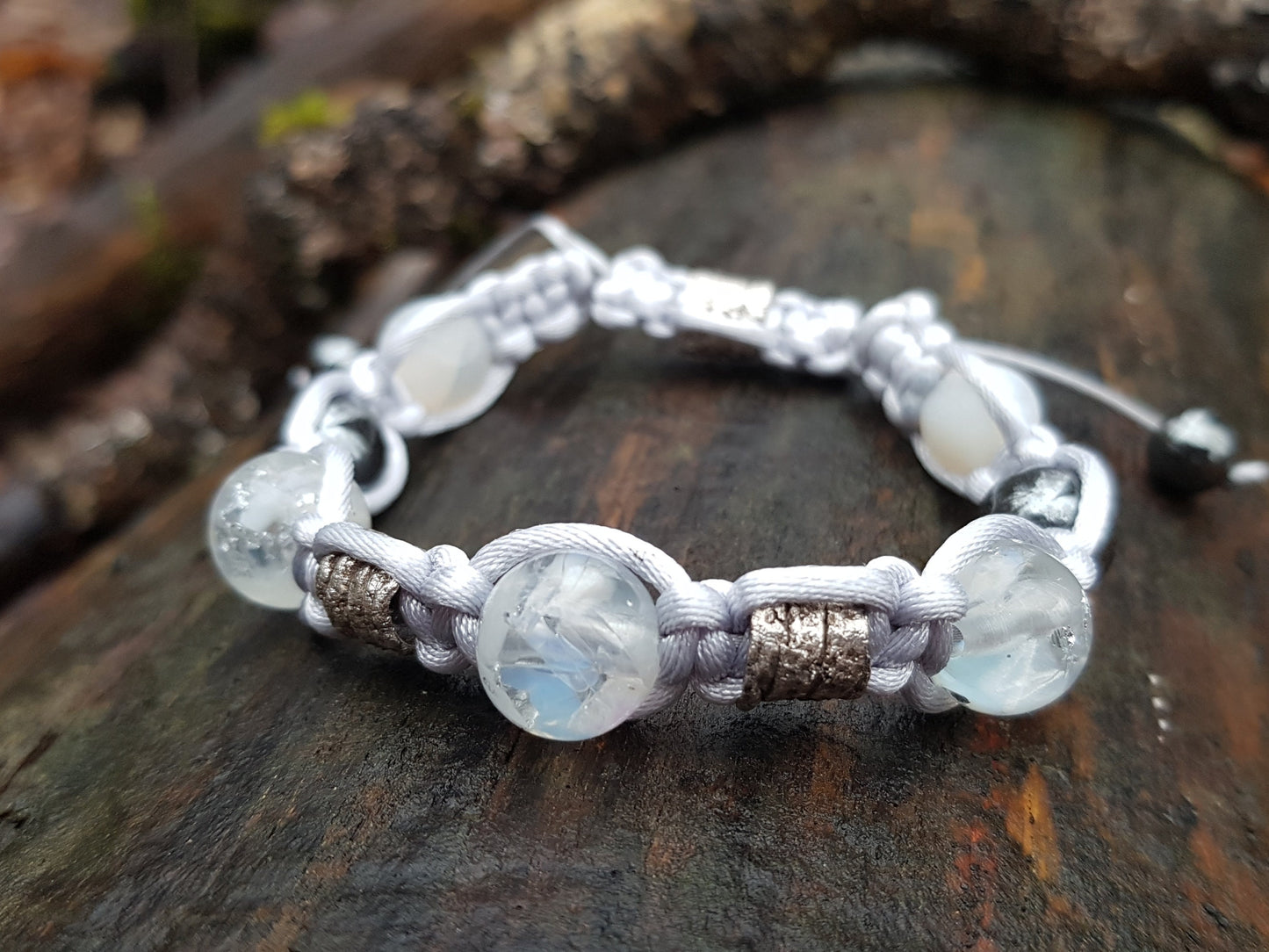 Adjustable beaded Shamballa bracelet, moonstone and silver orgonite orgone beads, magic amulet, charm