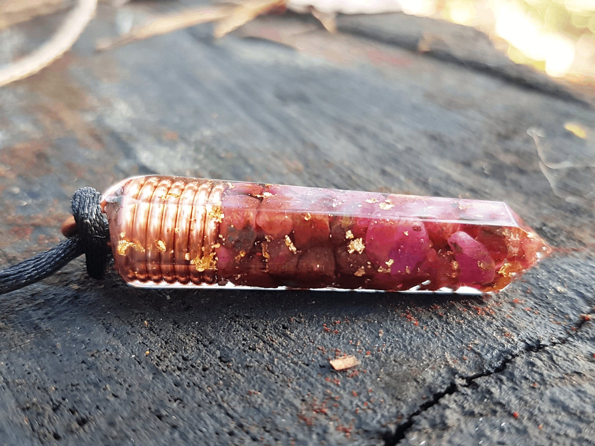 Ruby Orgonite orgone pendant necklace, Natural Ruby, 24k gold, Reiki crystal chakra healing. Love, money amulet