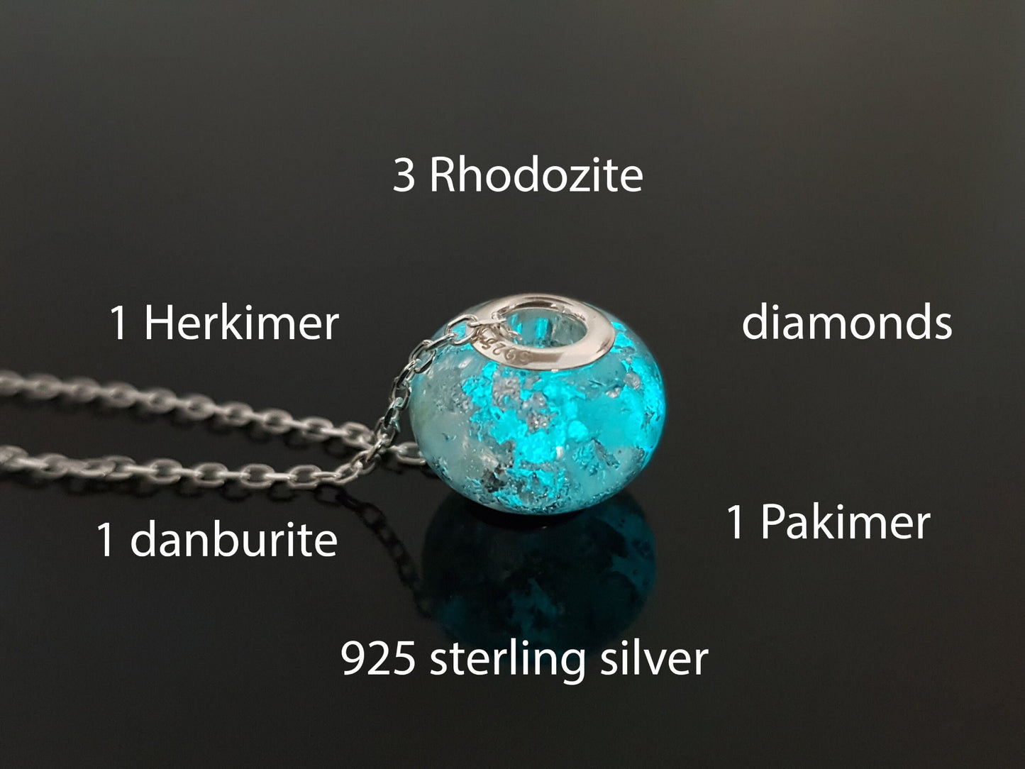 Orgone Orgonite pendant, bracelet, charm bead, High vibrations, silver, Herkimer, Danburite, Diamonds, glow in dark