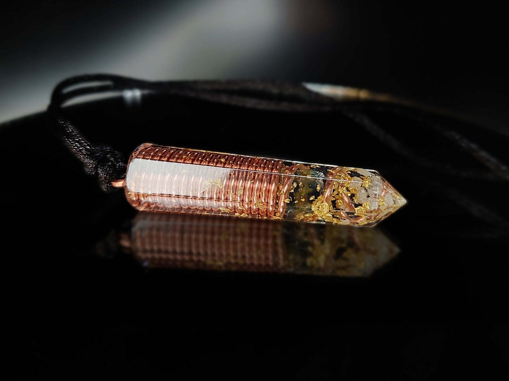 Moldavite Orgonite pendant with Diamonds, Herkimer, 24k gold and copper