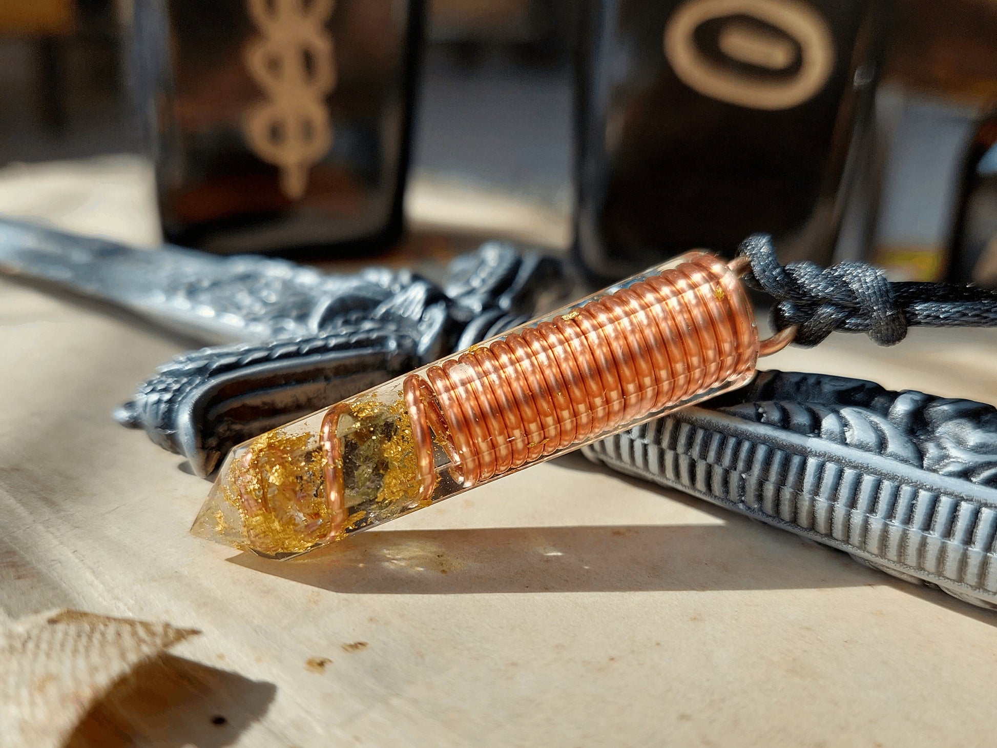 Moldavite Orgonite pendant with Diamonds, Herkimer, 24k gold and copper