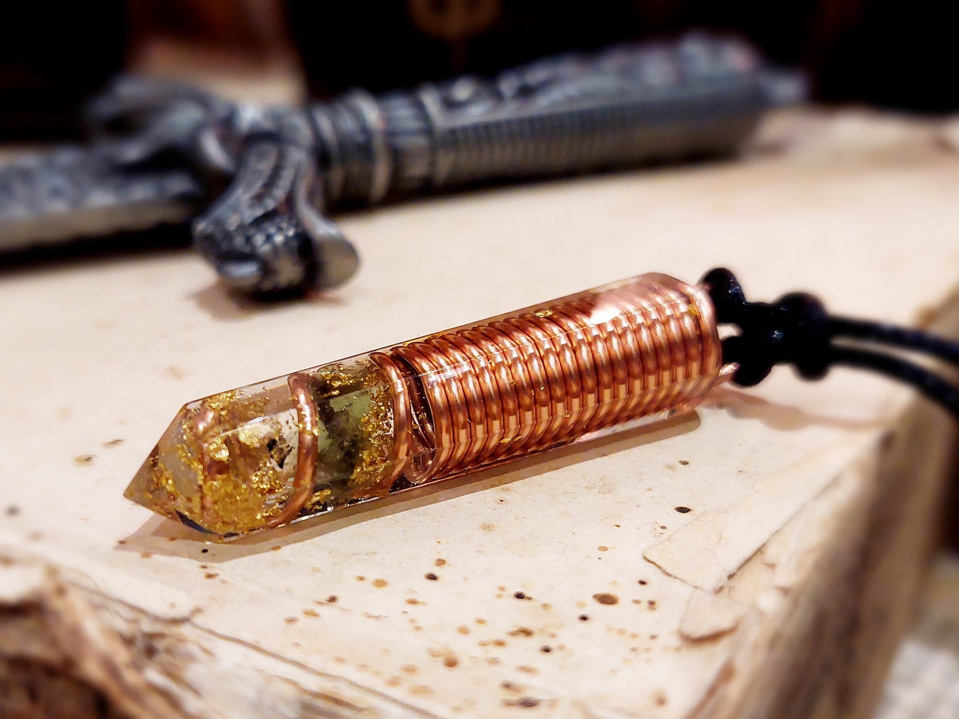 Moldavite Orgonite pendant with Diamonds, Herkimer, 24k gold and copper