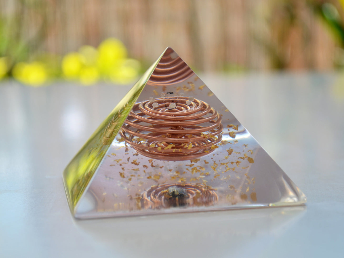 Moldavite Orgonite Orgone pyramid - Crystal pyramid - Gold Vortex Coil, Herkimer, Diamonds, Reiki Healing Pyramid