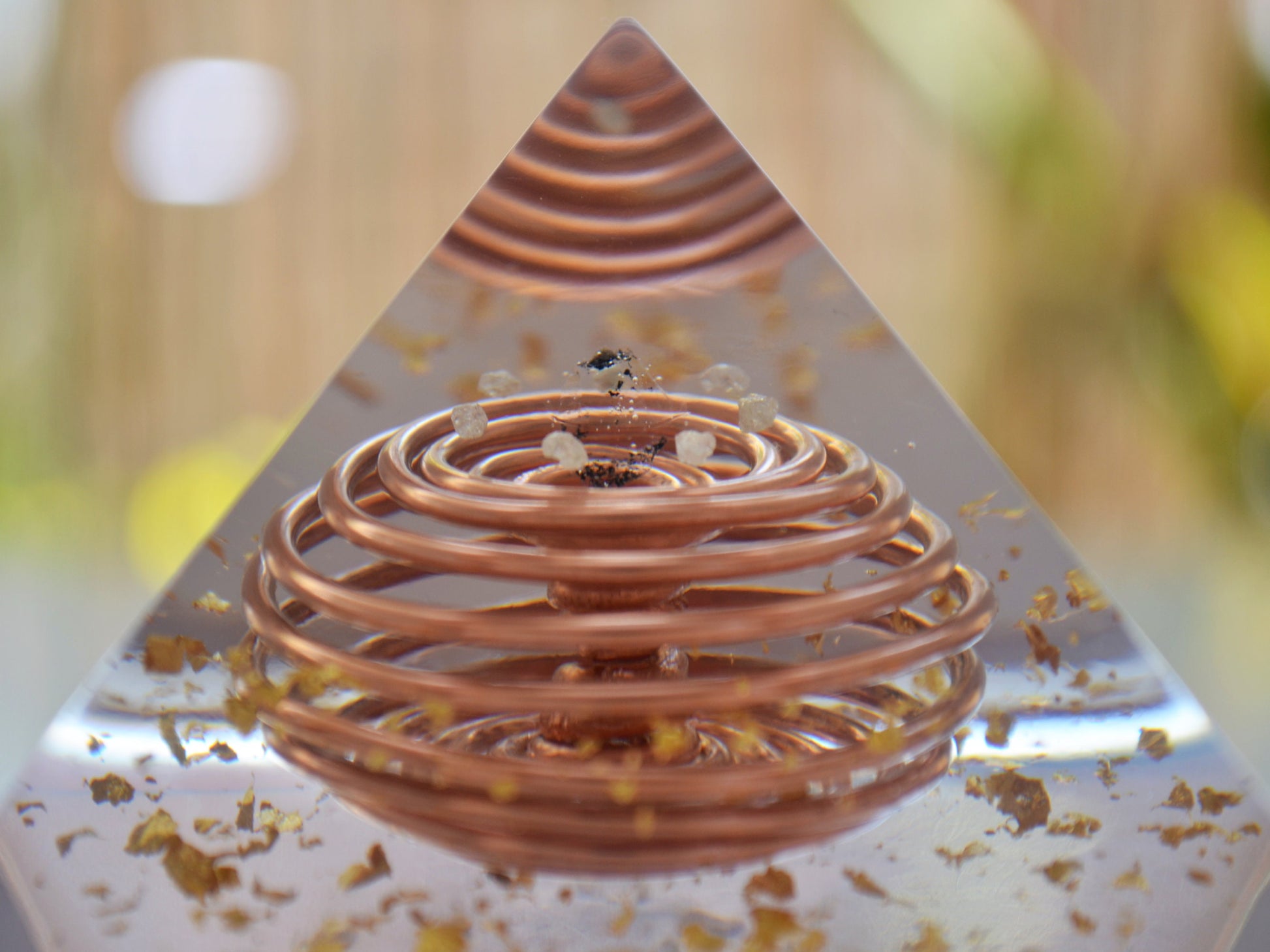 Moldavite Orgonite Orgone pyramid - Crystal pyramid - Gold Vortex Coil, Herkimer, Diamonds, Reiki Healing Pyramid