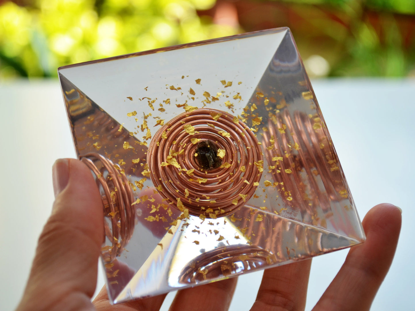 Moldavite Orgonite Orgone pyramid - Crystal pyramid - Gold Vortex Coil, Herkimer, Diamonds, Reiki Healing Pyramid