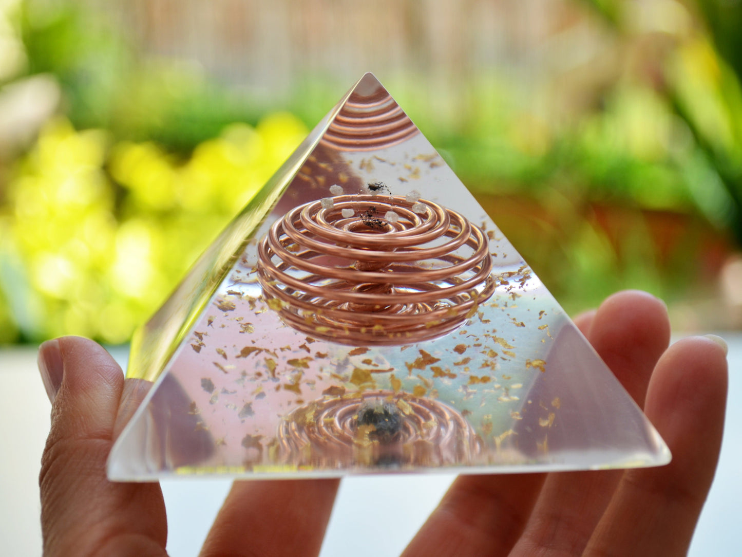 Moldavite Orgonite Orgone pyramid - Crystal pyramid - Gold Vortex Coil, Herkimer, Diamonds, Reiki Healing Pyramid