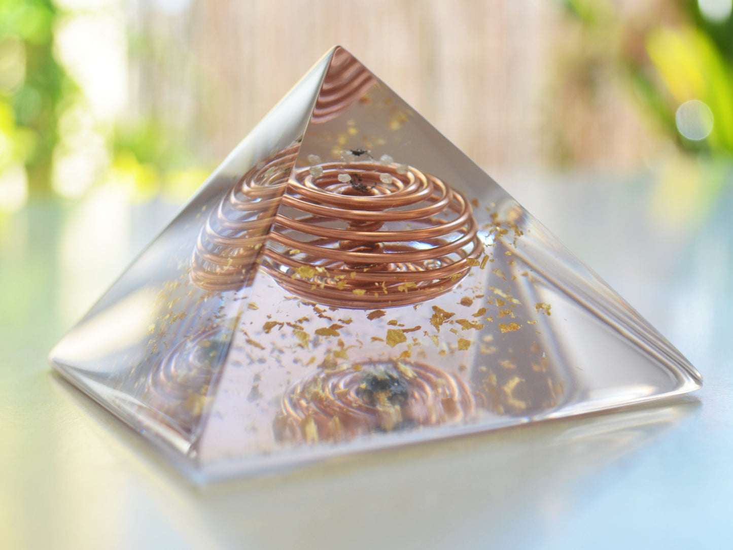 Moldavite Orgonite Orgone pyramid - Crystal pyramid - Gold Vortex Coil, Herkimer, Diamonds, Reiki Healing Pyramid