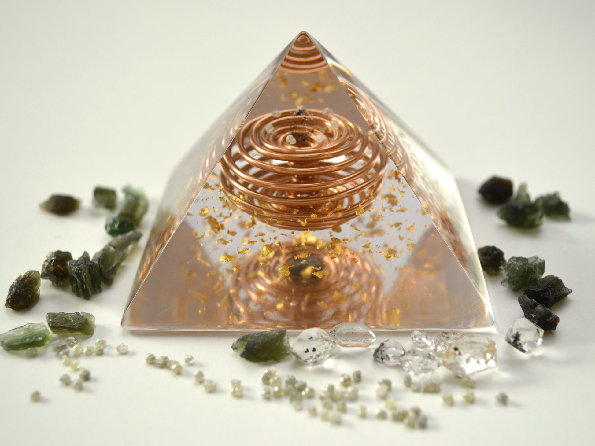 Moldavite Orgonite Orgone pyramid - Crystal pyramid - Gold Vortex Coil, Herkimer, Diamonds, Reiki Healing Pyramid