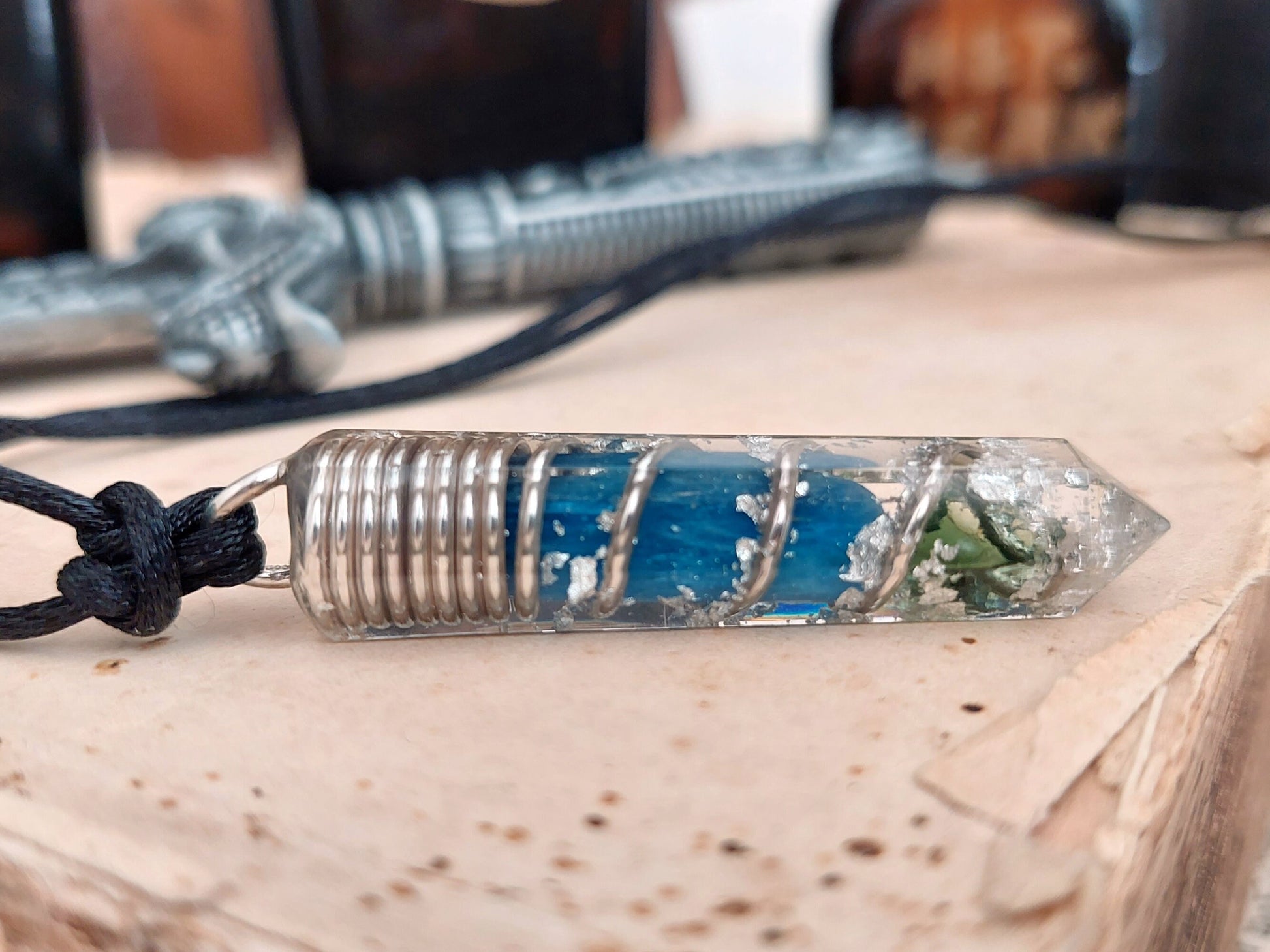 Orgonite orgone Pendant - most powerful magic amulet Necklace - Moldavite, Herkimer, Diamonds, Kyanite, silver