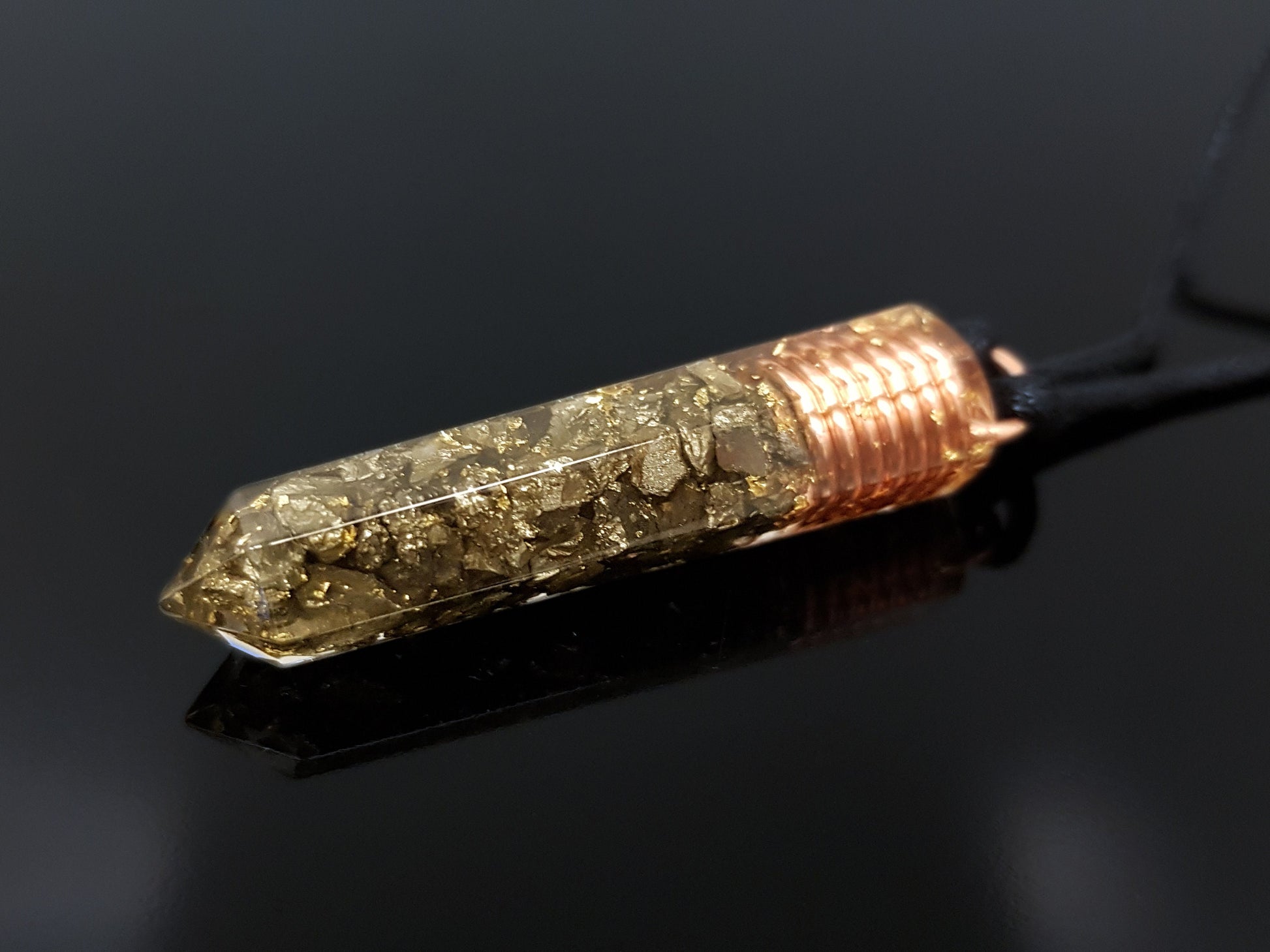 Orgonite orgone pendant with pyrite, Powerful Reiki infused healing amulet with 24k gold and copper, chakra healing