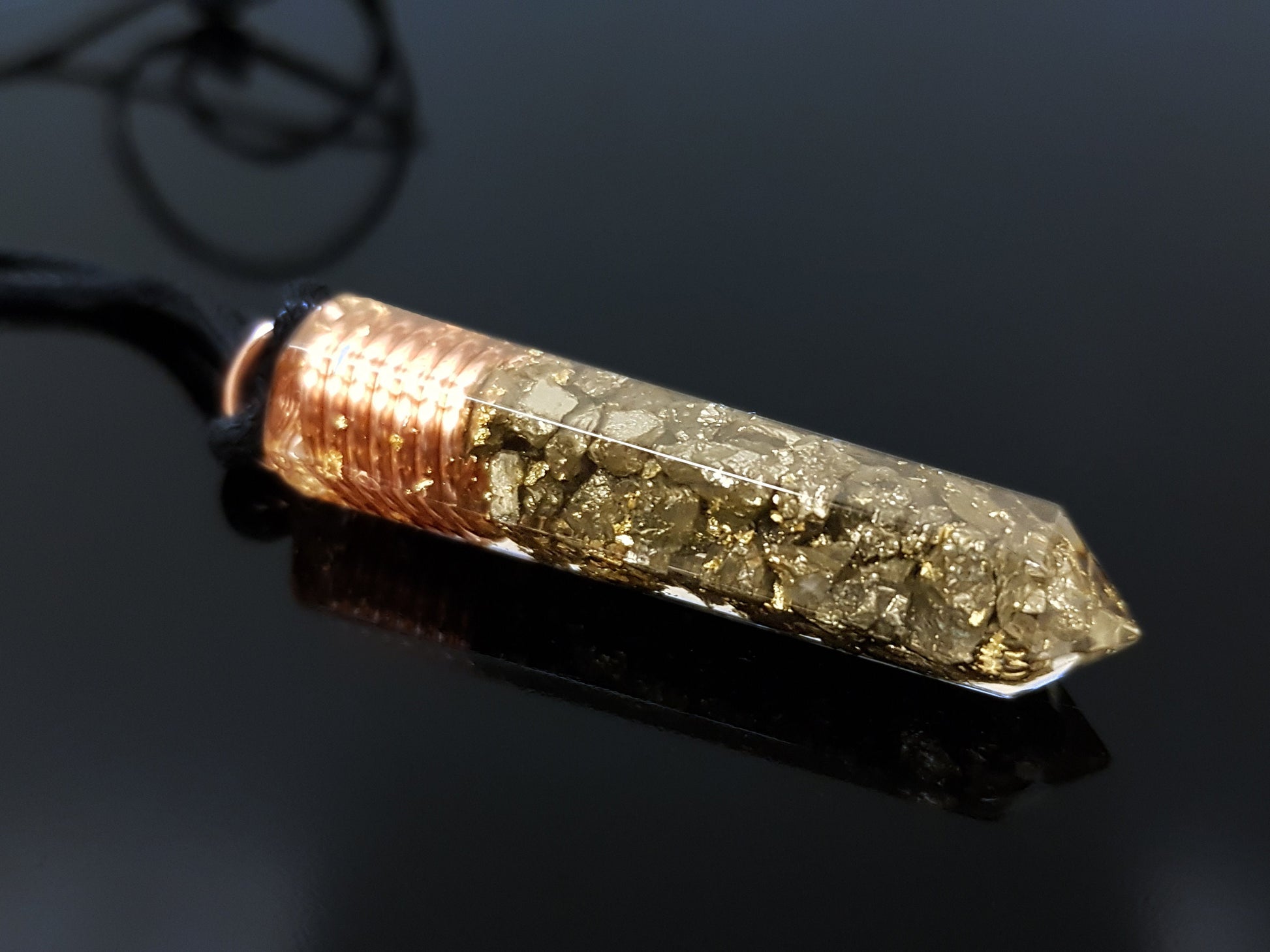 Orgonite orgone pendant with pyrite, Powerful Reiki infused healing amulet with 24k gold and copper, chakra healing