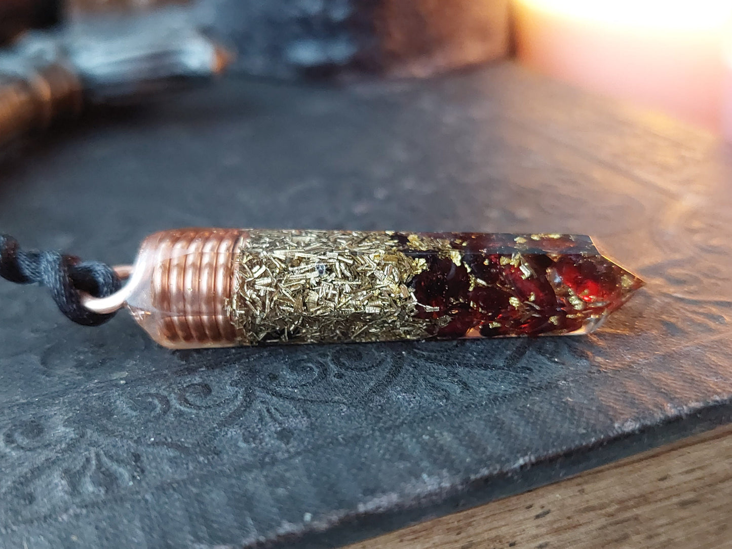Orgonite orgone pendant, Garnet, 24k gold, copper, brass. Wealth, Money, luck, Love. Reiki infused wealth talisman amulet