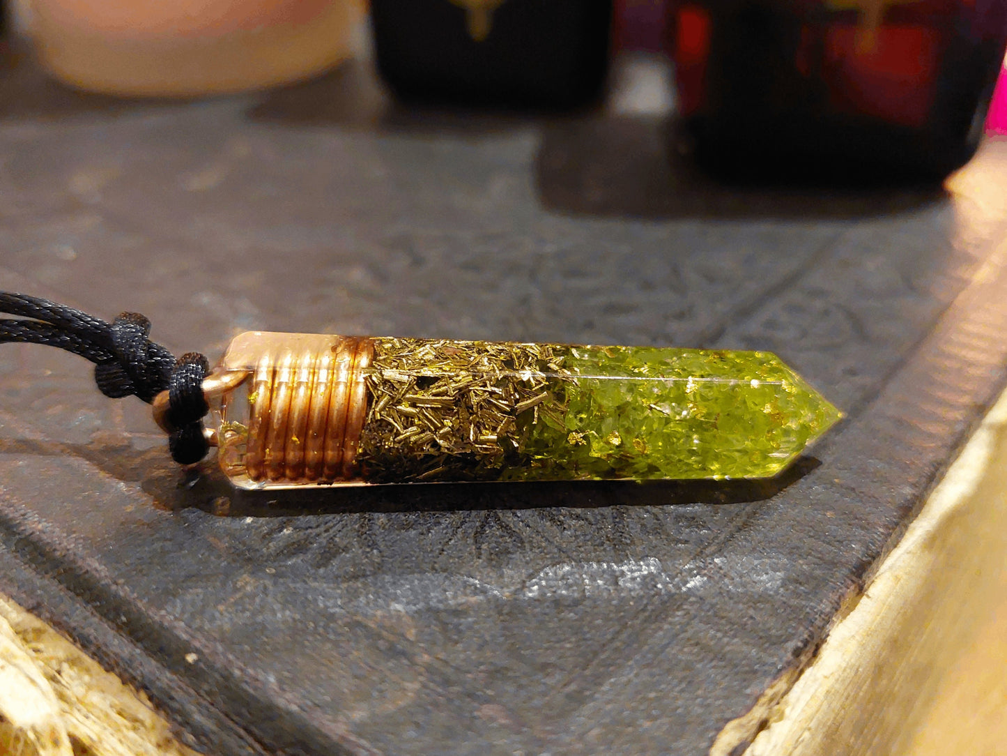 Orgonite orgone pendant, Peridot, 24k gold, copper, brass. Wealth, Money, luck, Love, Reiki infused, enchanted amulet