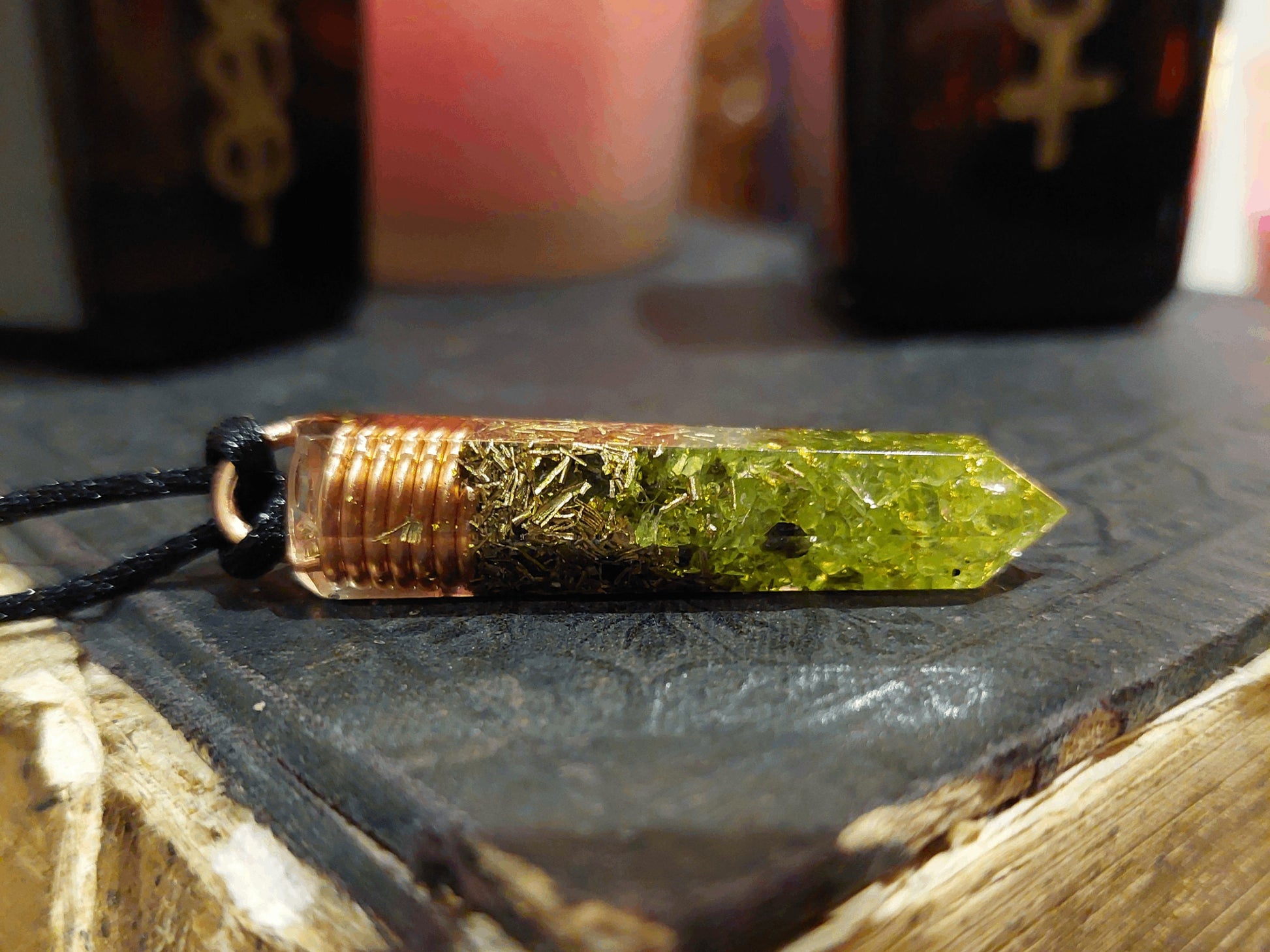 Orgonite orgone pendant, Peridot, 24k gold, copper, brass. Wealth, Money, luck, Love, Reiki infused, enchanted amulet