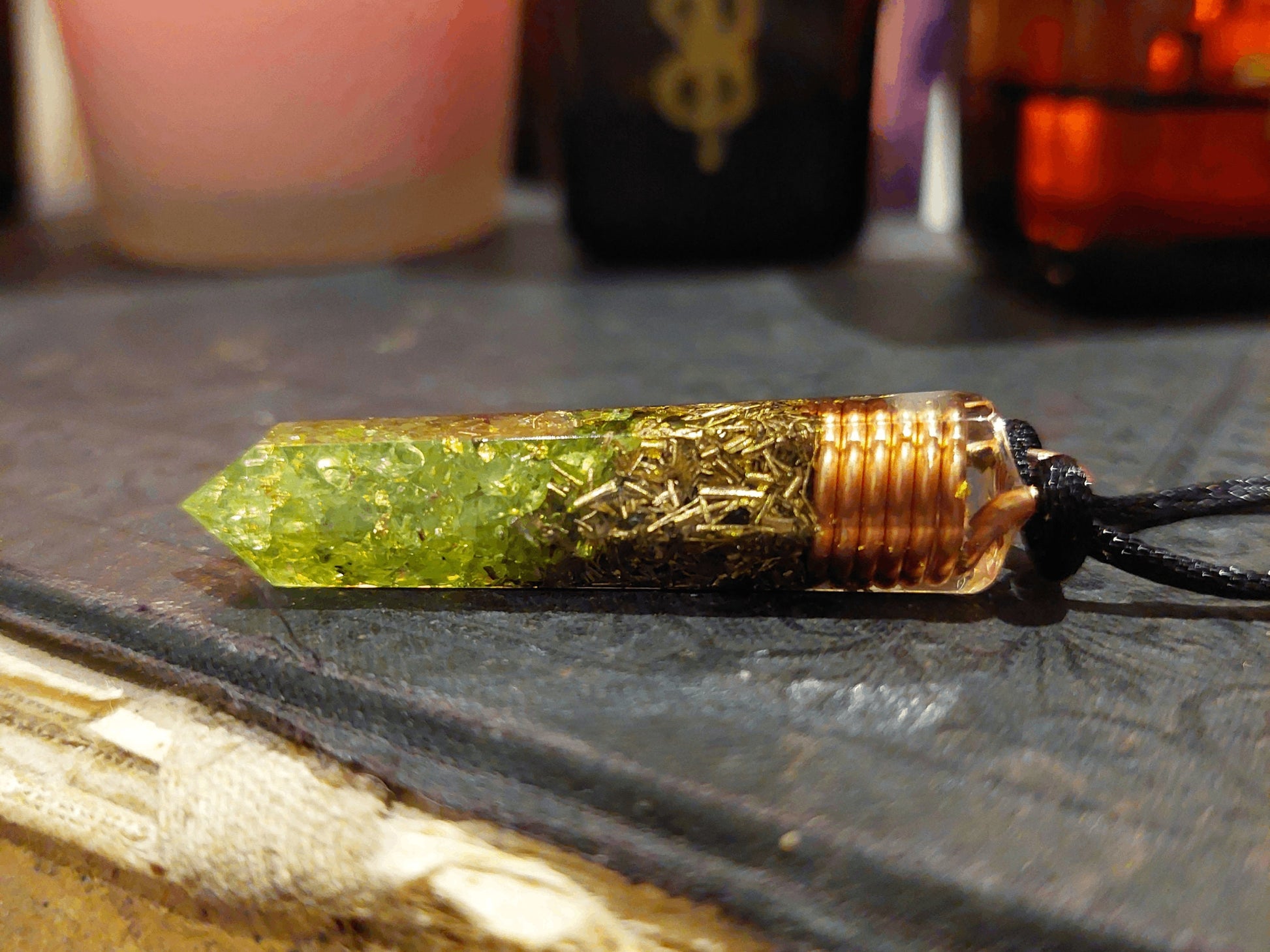 Orgonite orgone pendant, Peridot, 24k gold, copper, brass. Wealth, Money, luck, Love, Reiki infused, enchanted amulet