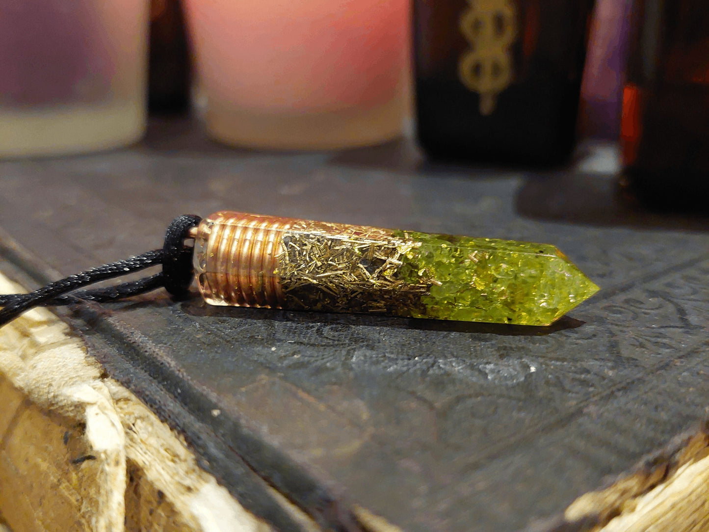 Orgonite orgone pendant, Peridot, 24k gold, copper, brass. Wealth, Money, luck, Love, Reiki infused, enchanted amulet