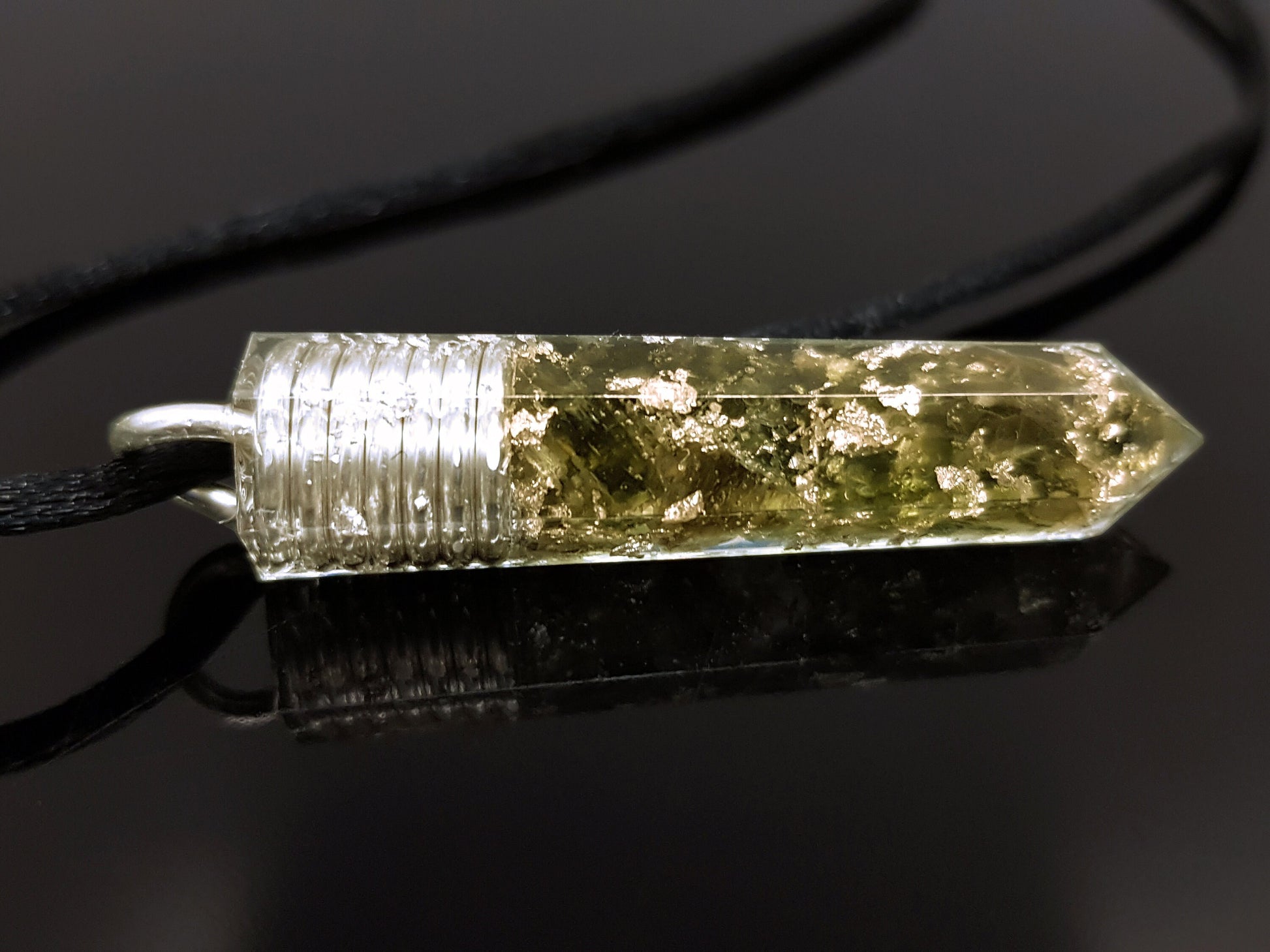 Orgonite pendant, Czech Moldavite silver orgone necklace, Reiki amulet, chakra healing, third eye opening, powerful
