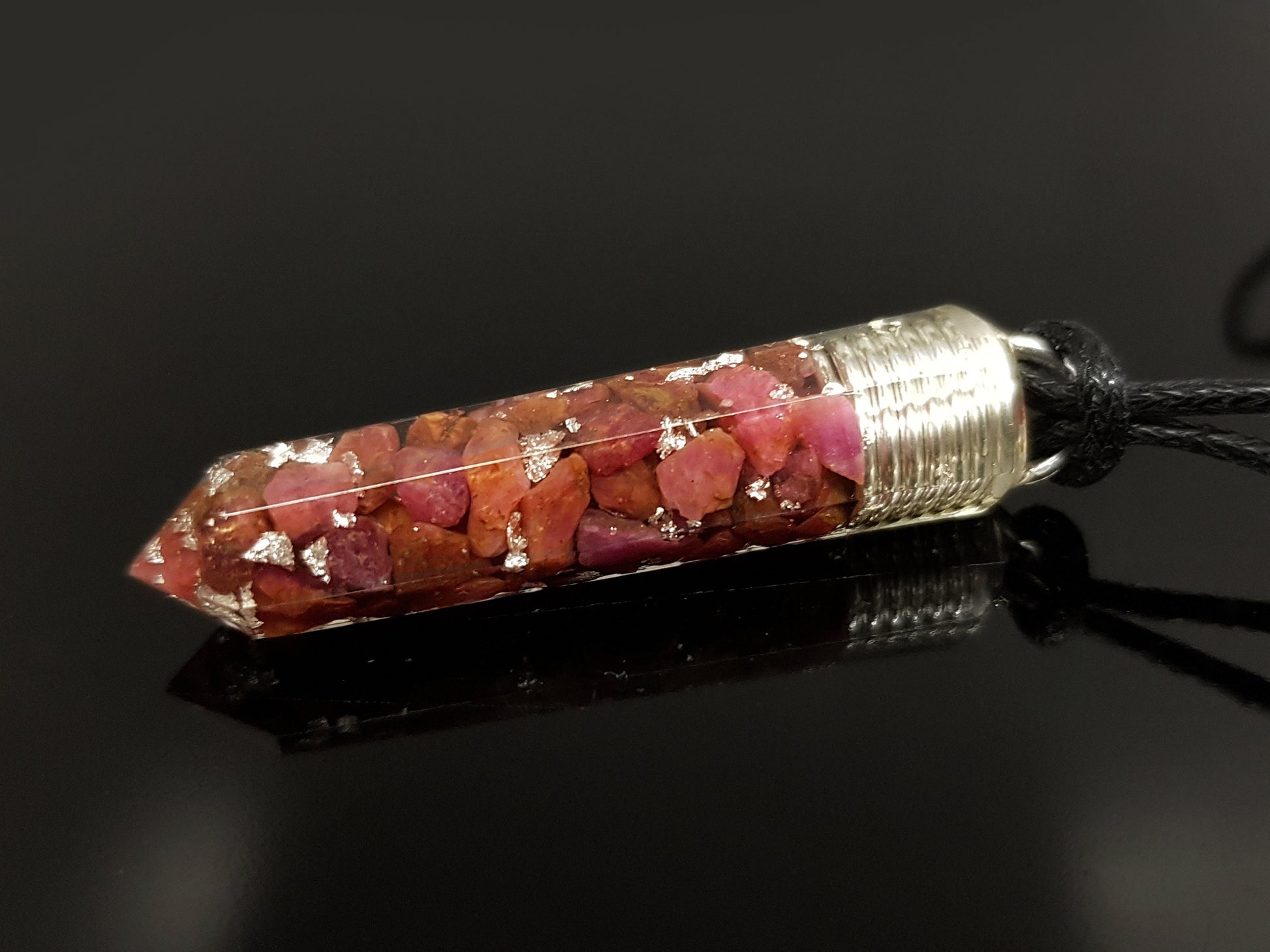 Powerful Orgone Orgonite Pendant - Reiki Pendant natural Ruby and silver Necklace - Crystal healing Amulet