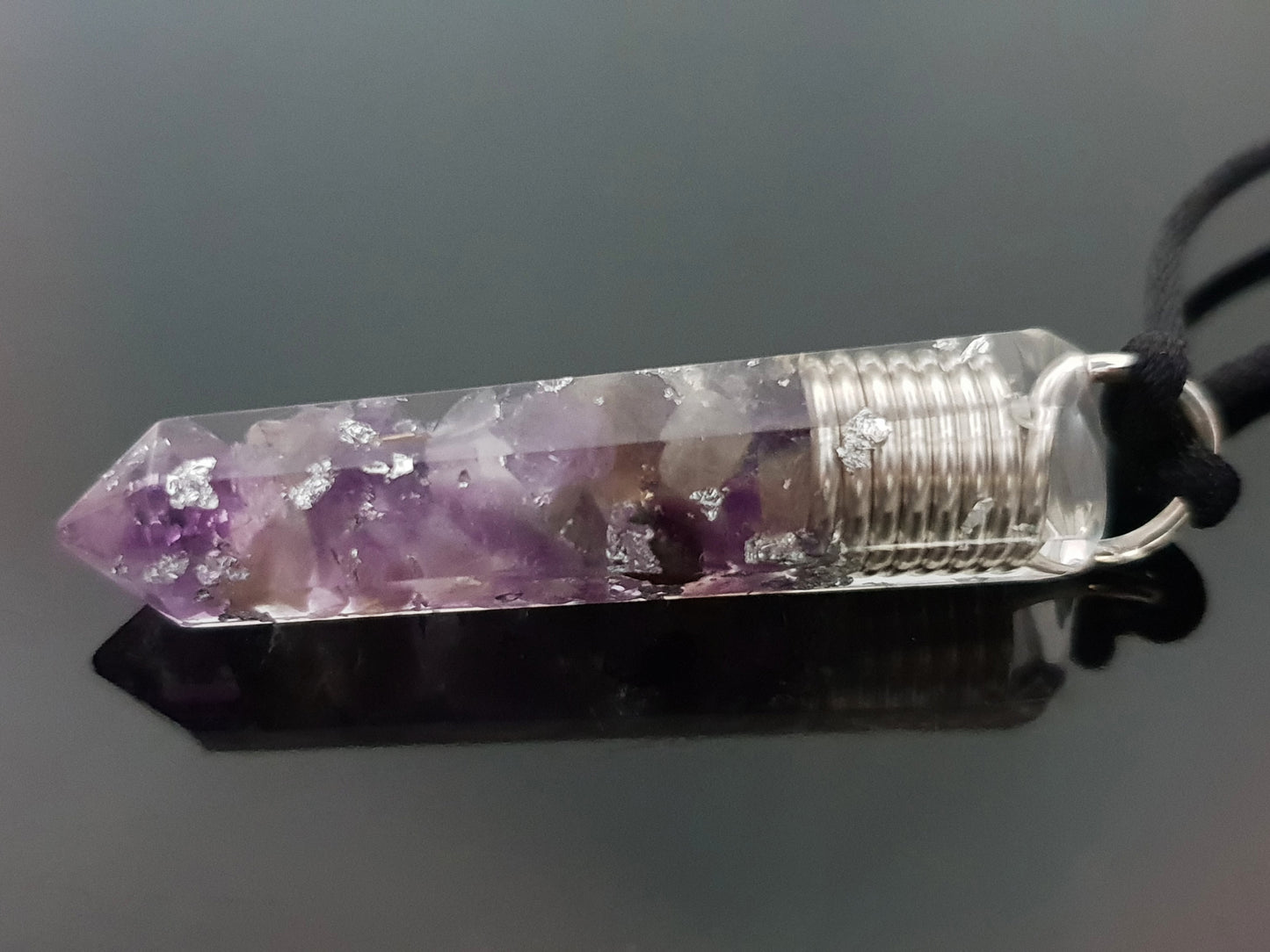 Orgonite orgone pendant necklace. Amethyst and silver amulet, charm. Crystal Reiki chakra necklace.
