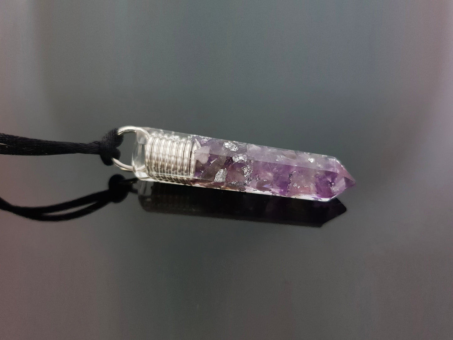 Orgonite orgone pendant necklace. Amethyst and silver amulet, charm. Crystal Reiki chakra necklace.