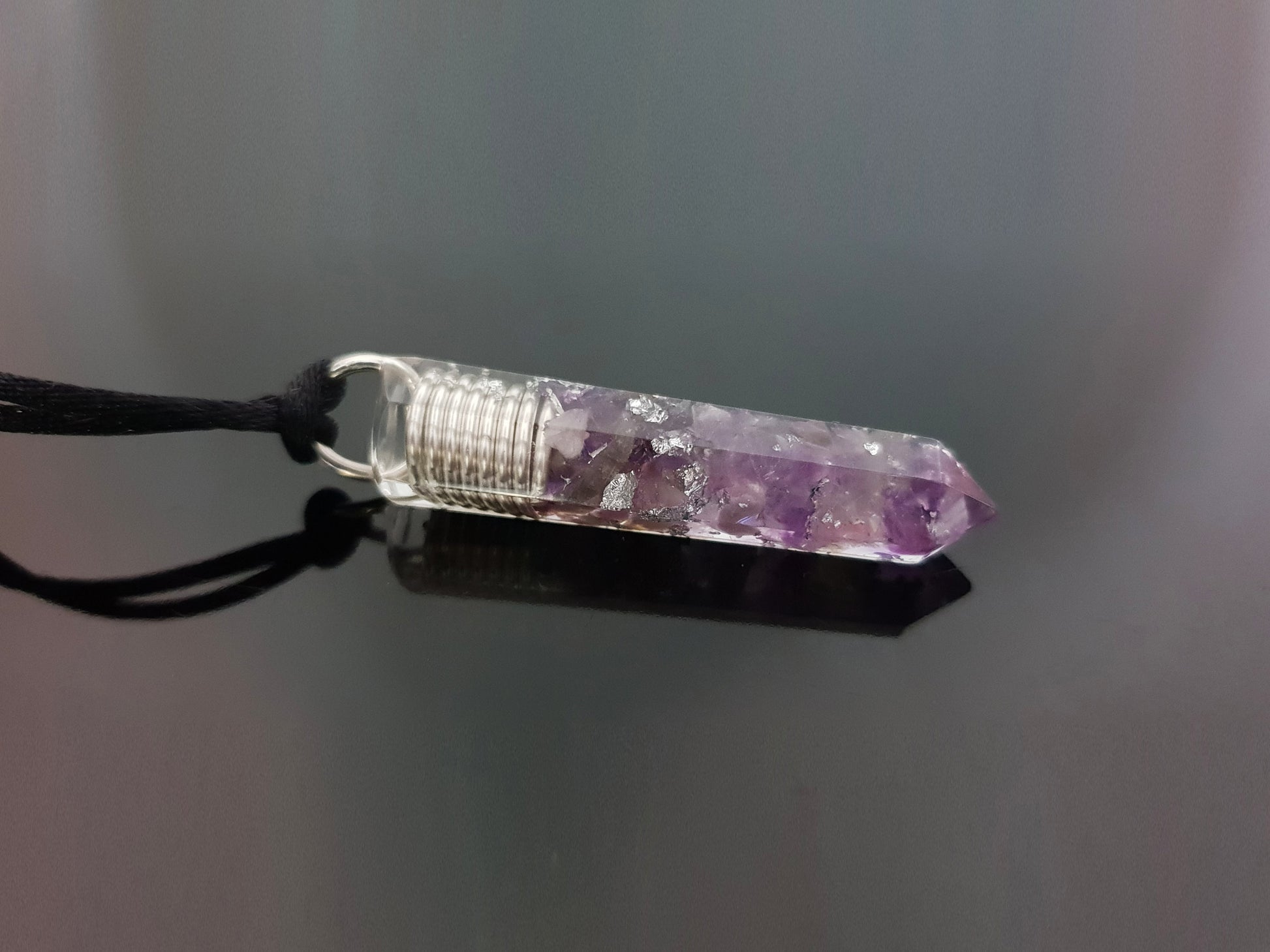 Orgonite orgone pendant necklace. Amethyst and silver amulet, charm. Crystal Reiki chakra necklace.