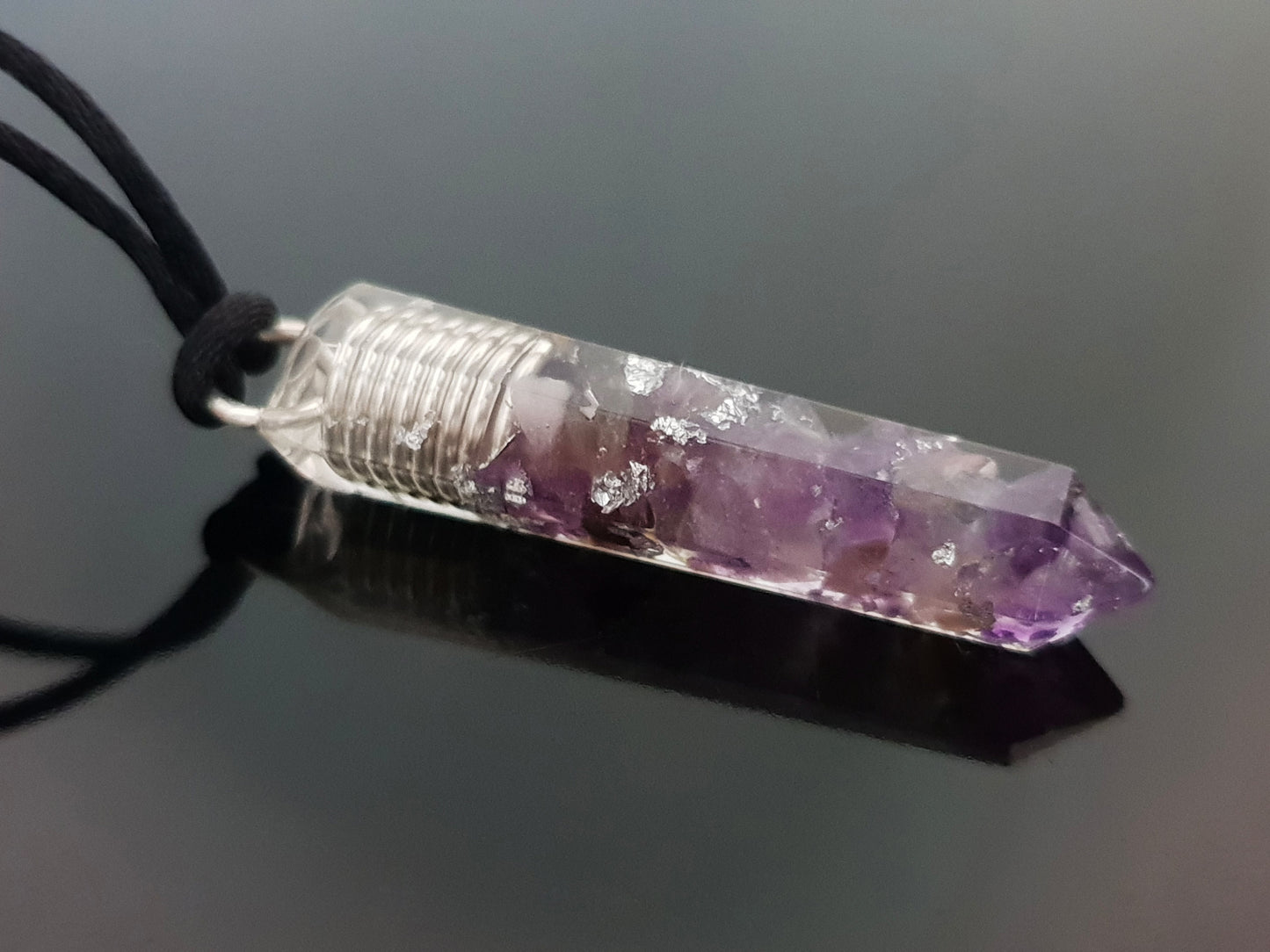 Orgonite orgone pendant necklace. Amethyst and silver amulet, charm. Crystal Reiki chakra necklace.