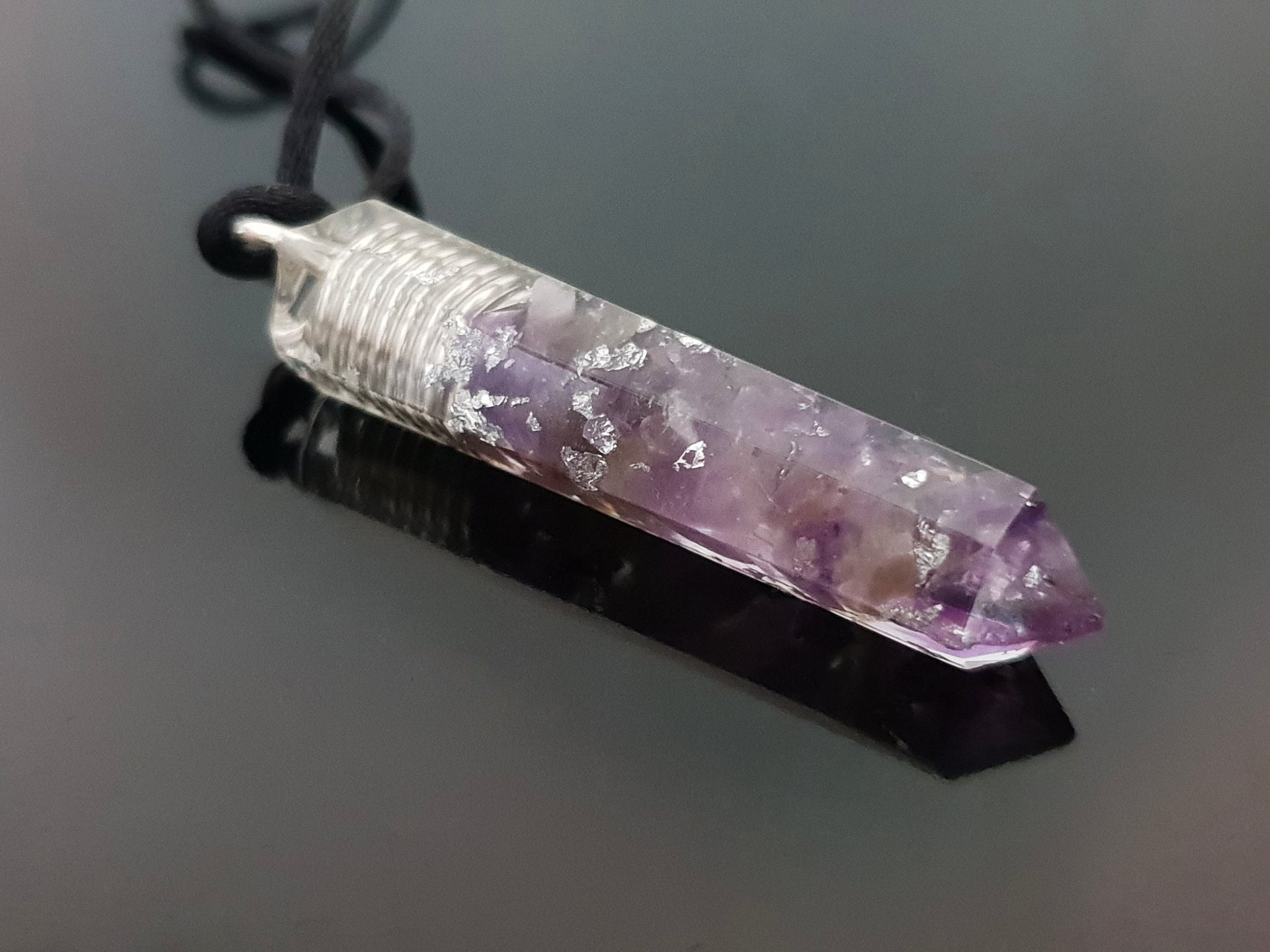 Orgonite orgone pendant necklace. Amethyst and silver amulet, charm. Crystal Reiki chakra necklace.