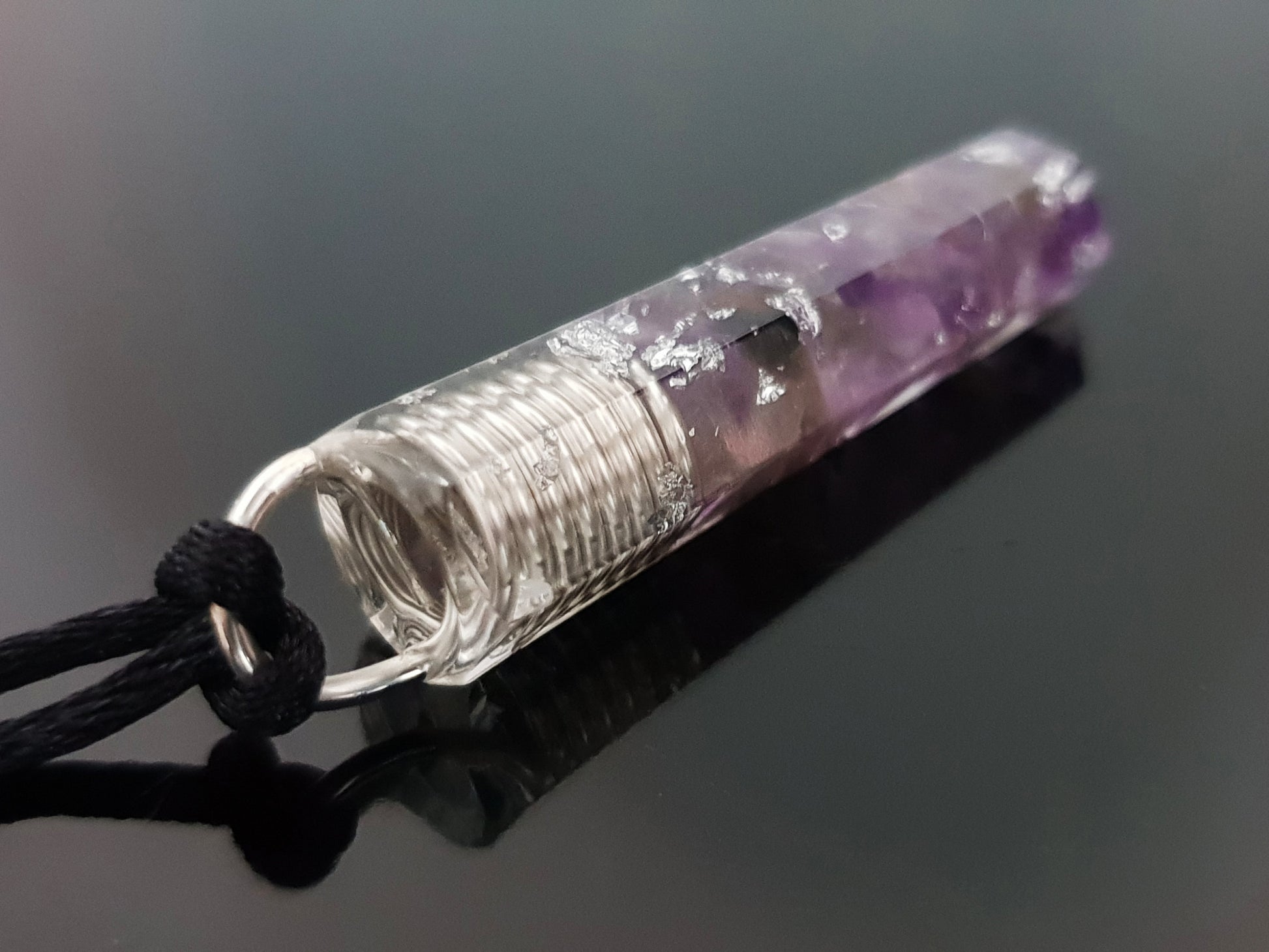 Orgonite orgone pendant necklace. Amethyst and silver amulet, charm. Crystal Reiki chakra necklace.