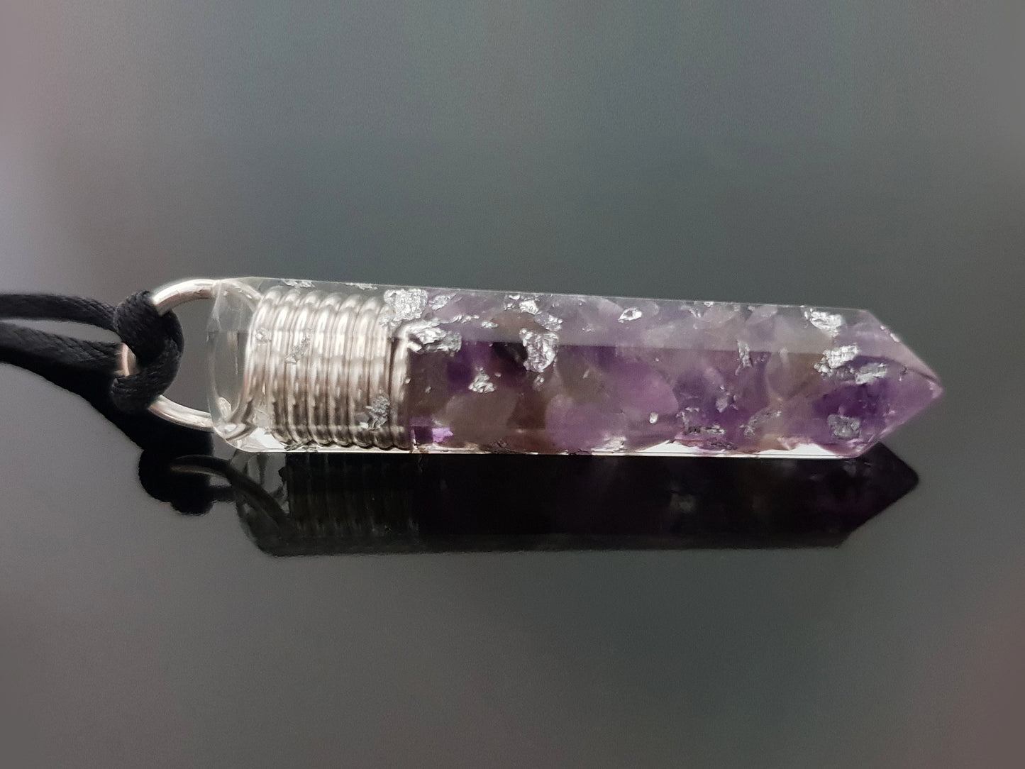 Orgonite orgone pendant necklace. Amethyst and silver amulet, charm. Crystal Reiki chakra necklace.